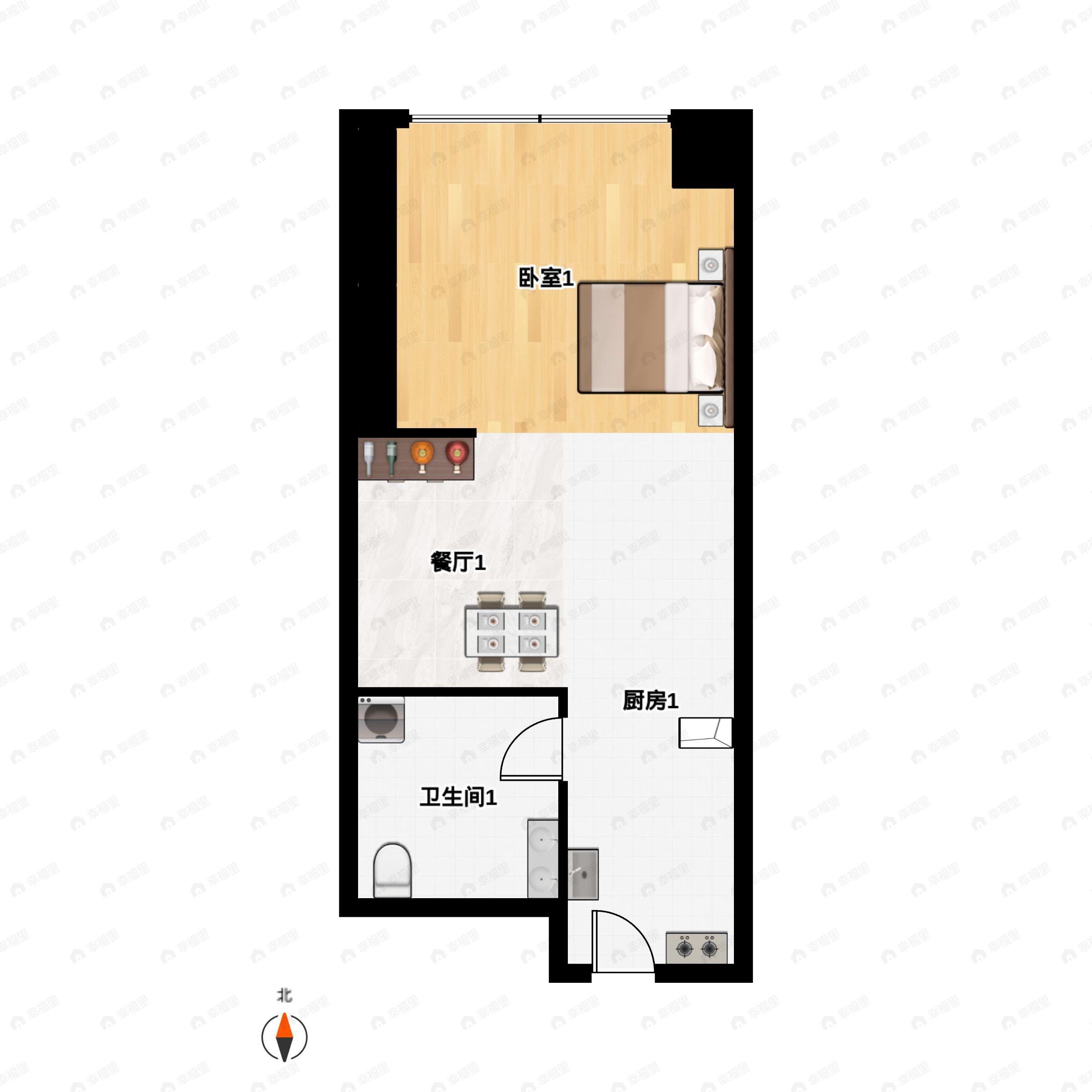 1室1厅1卫建面57m²东|南|北户型图