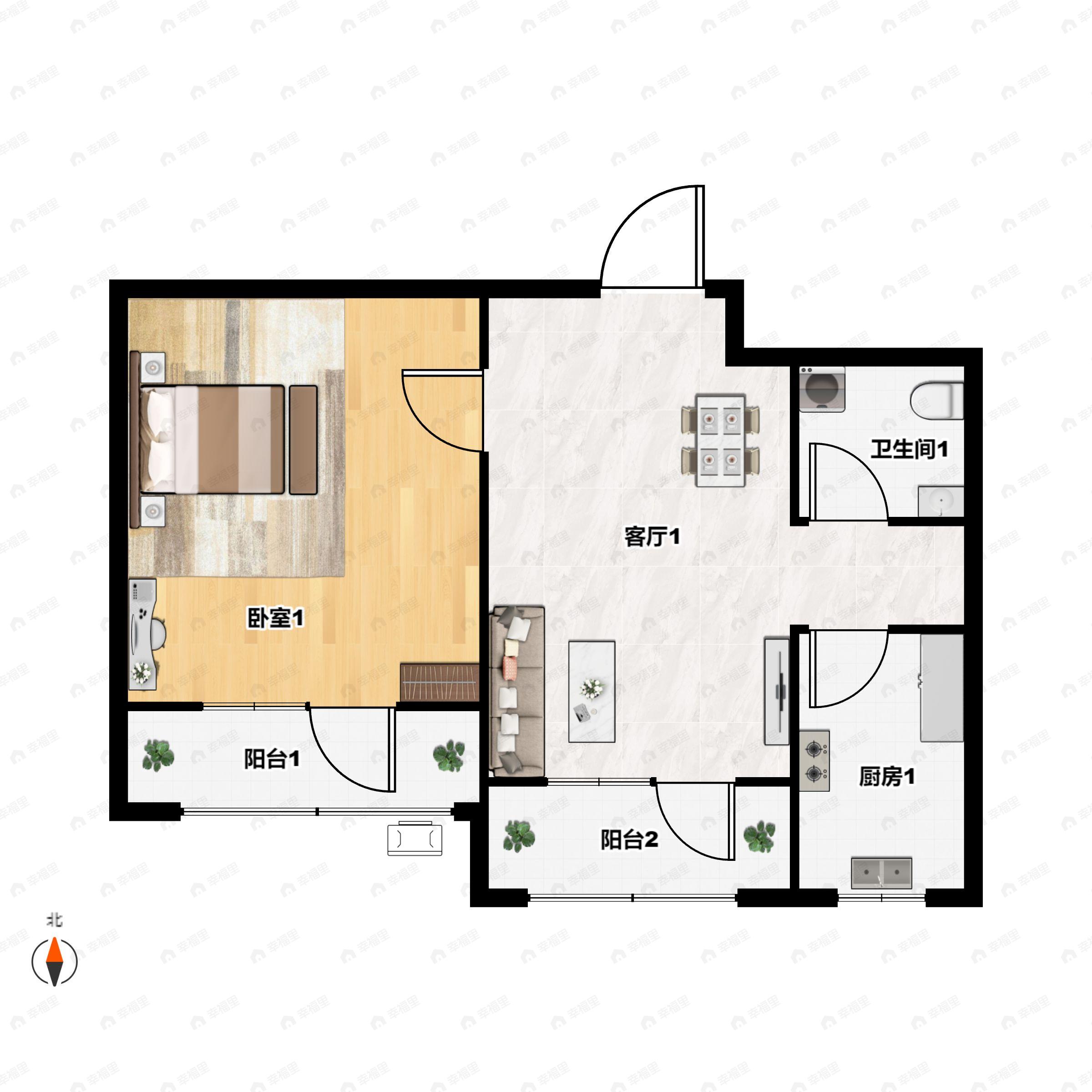 1室2厅1卫建面58m²南户型图