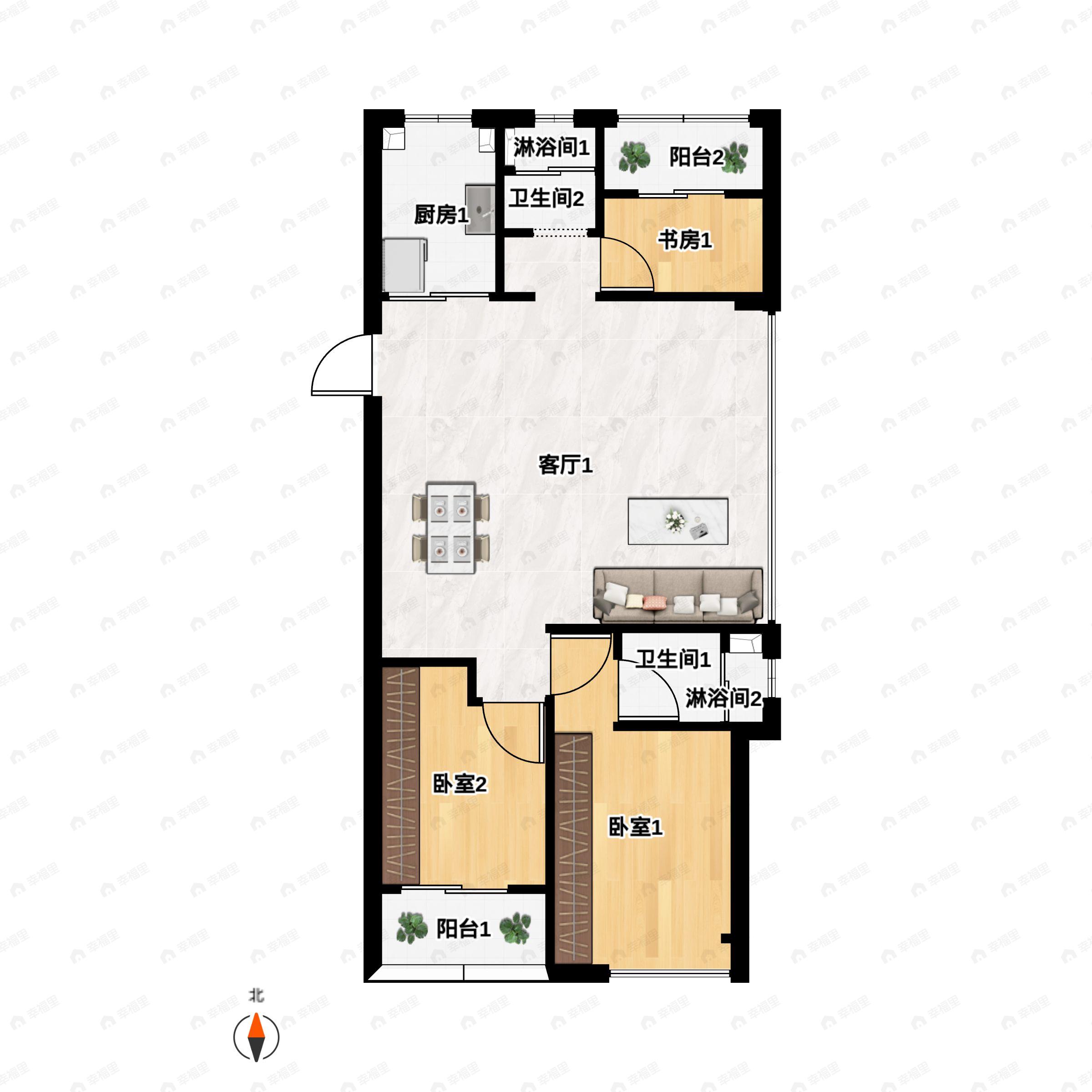 3室2厅2卫建面114m²南户型图