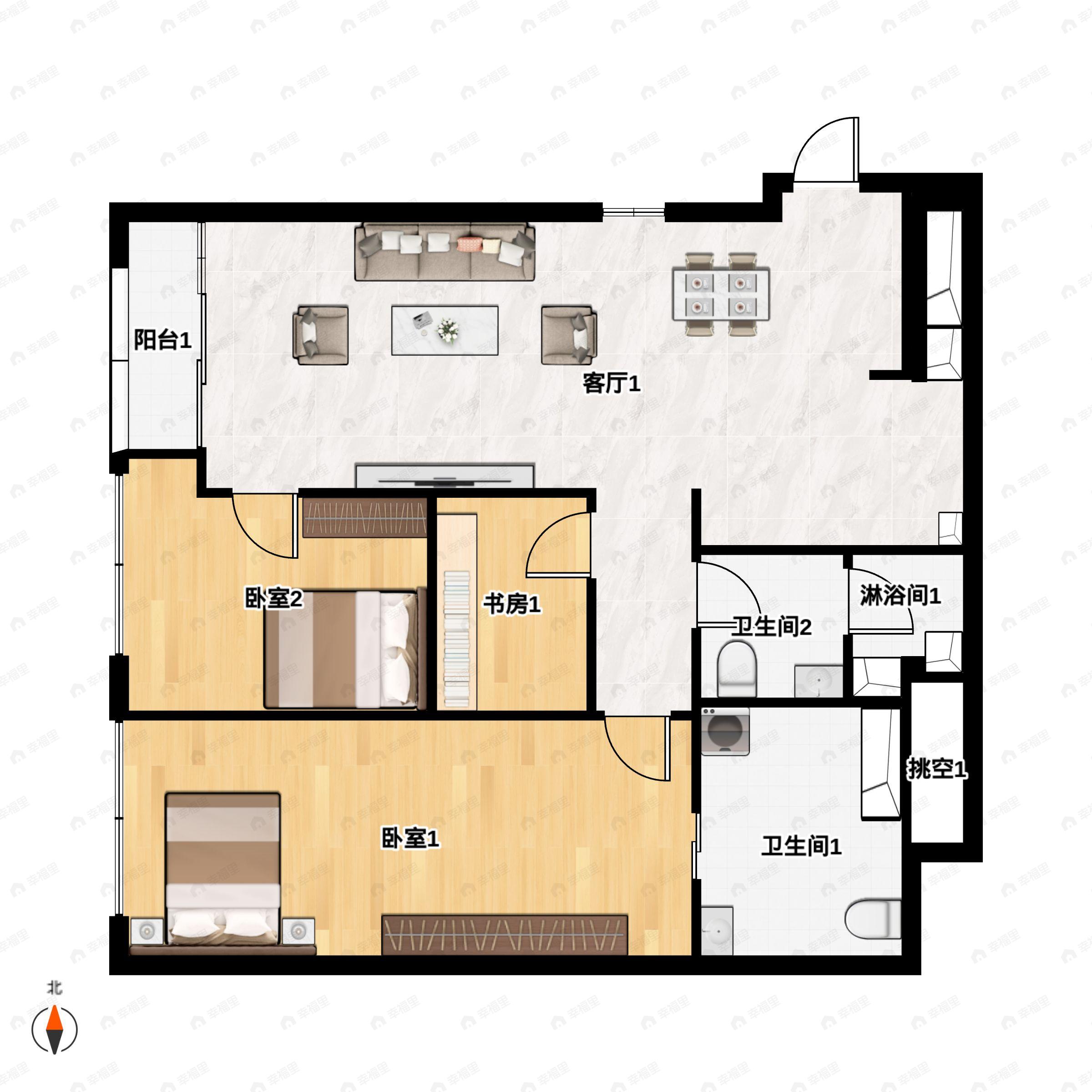 3室2厅2卫建面142平西|东户型图