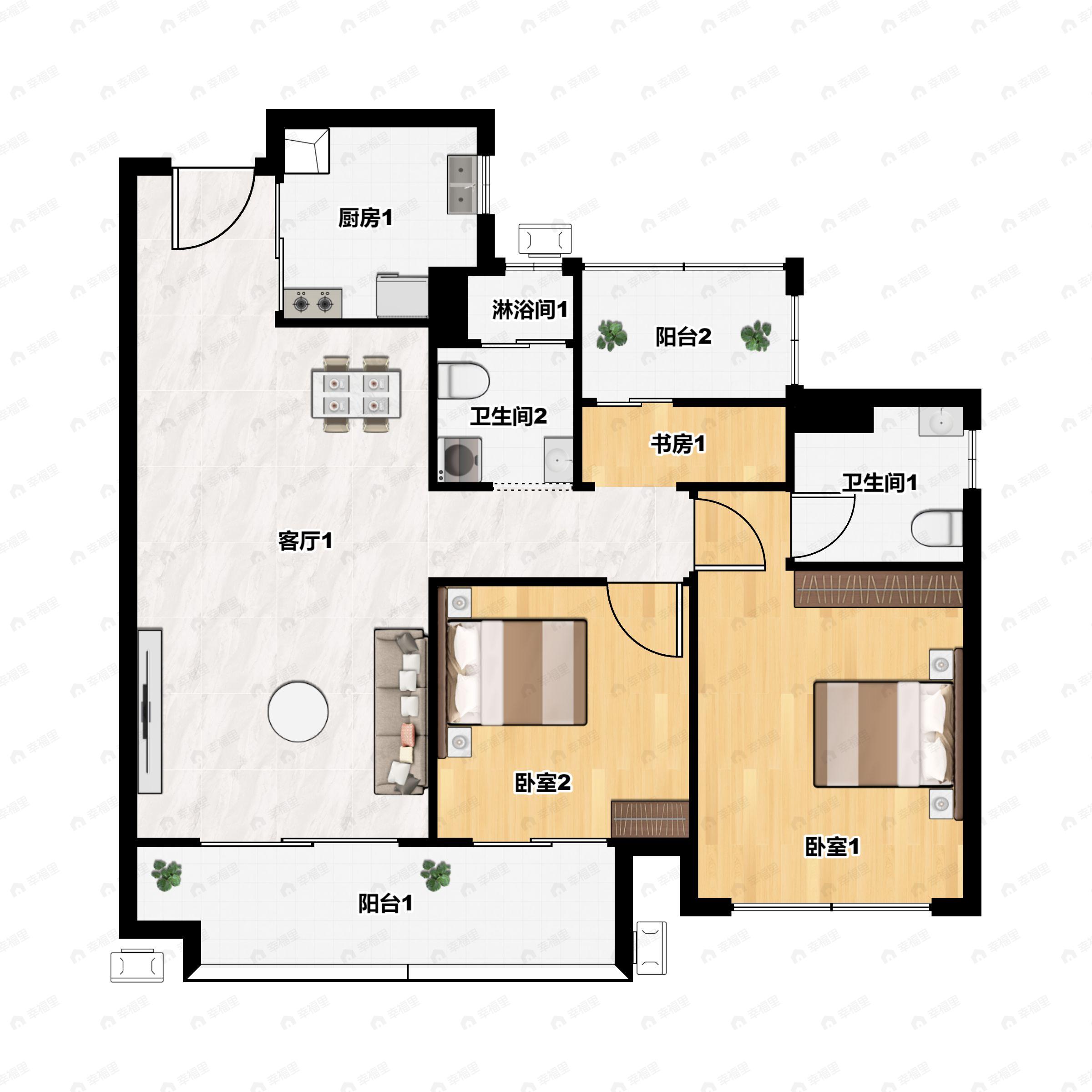 3室2厅2卫建面98平户型图