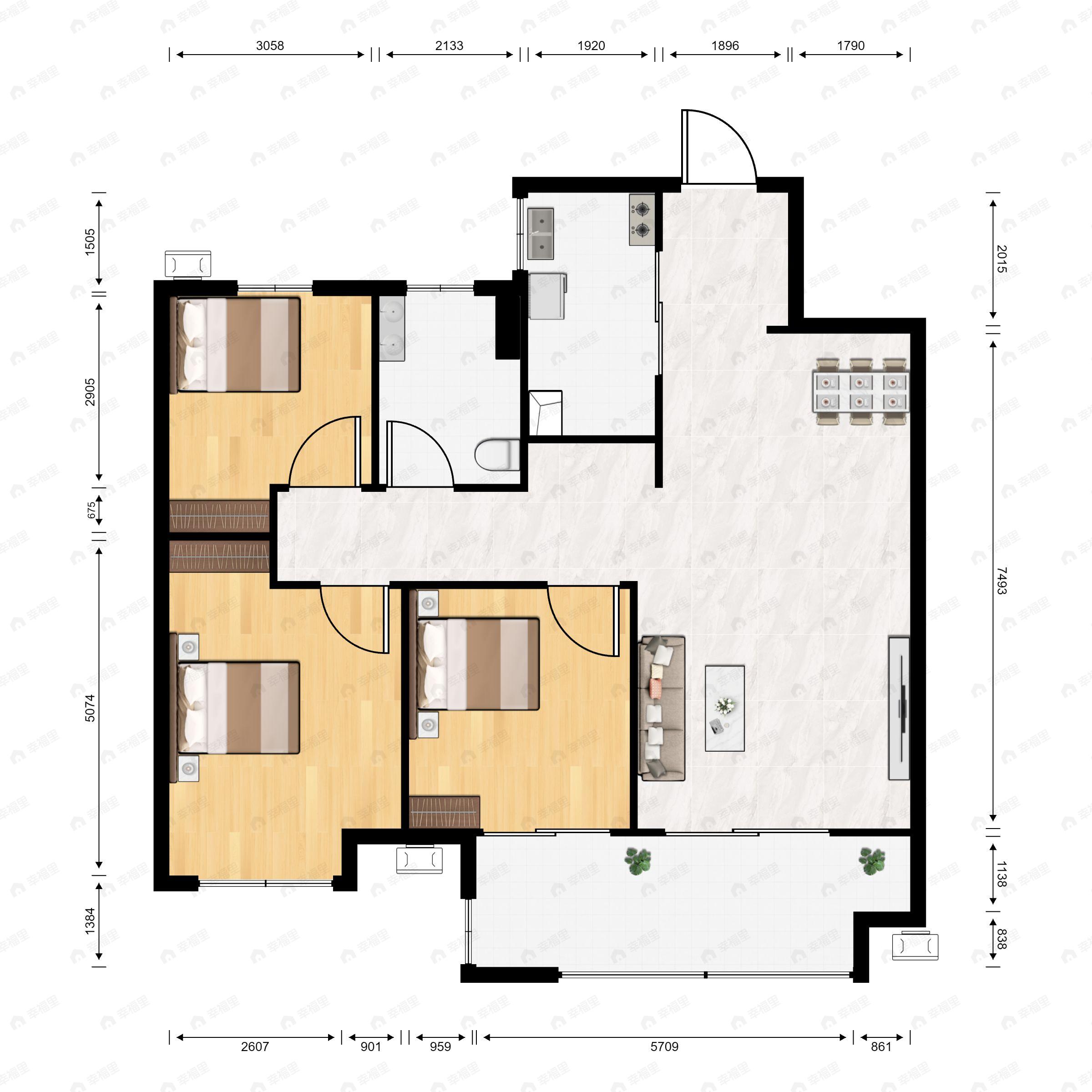 东部美的城3室2厅1卫户型图