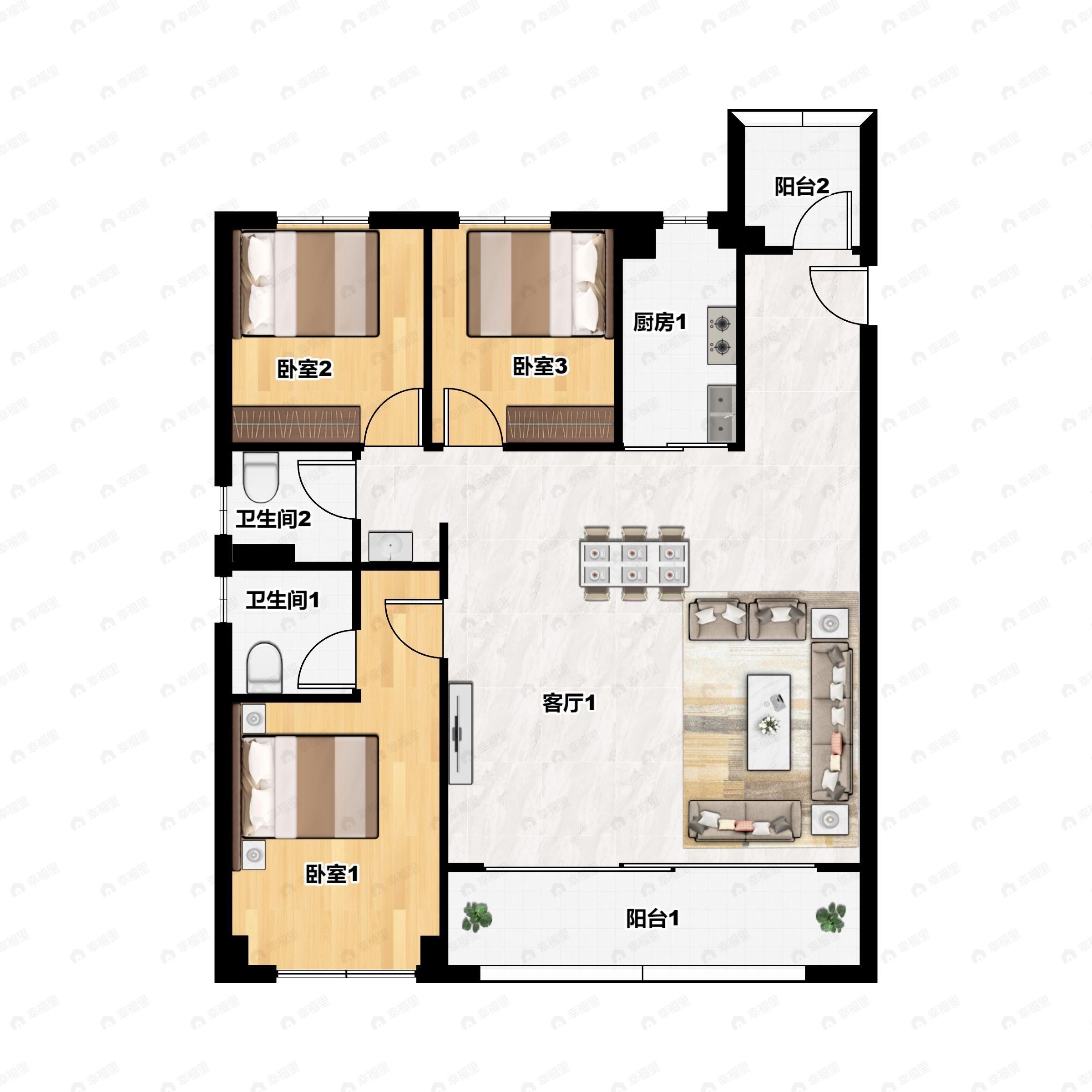 3室2厅2卫建面123m²北|南户型图