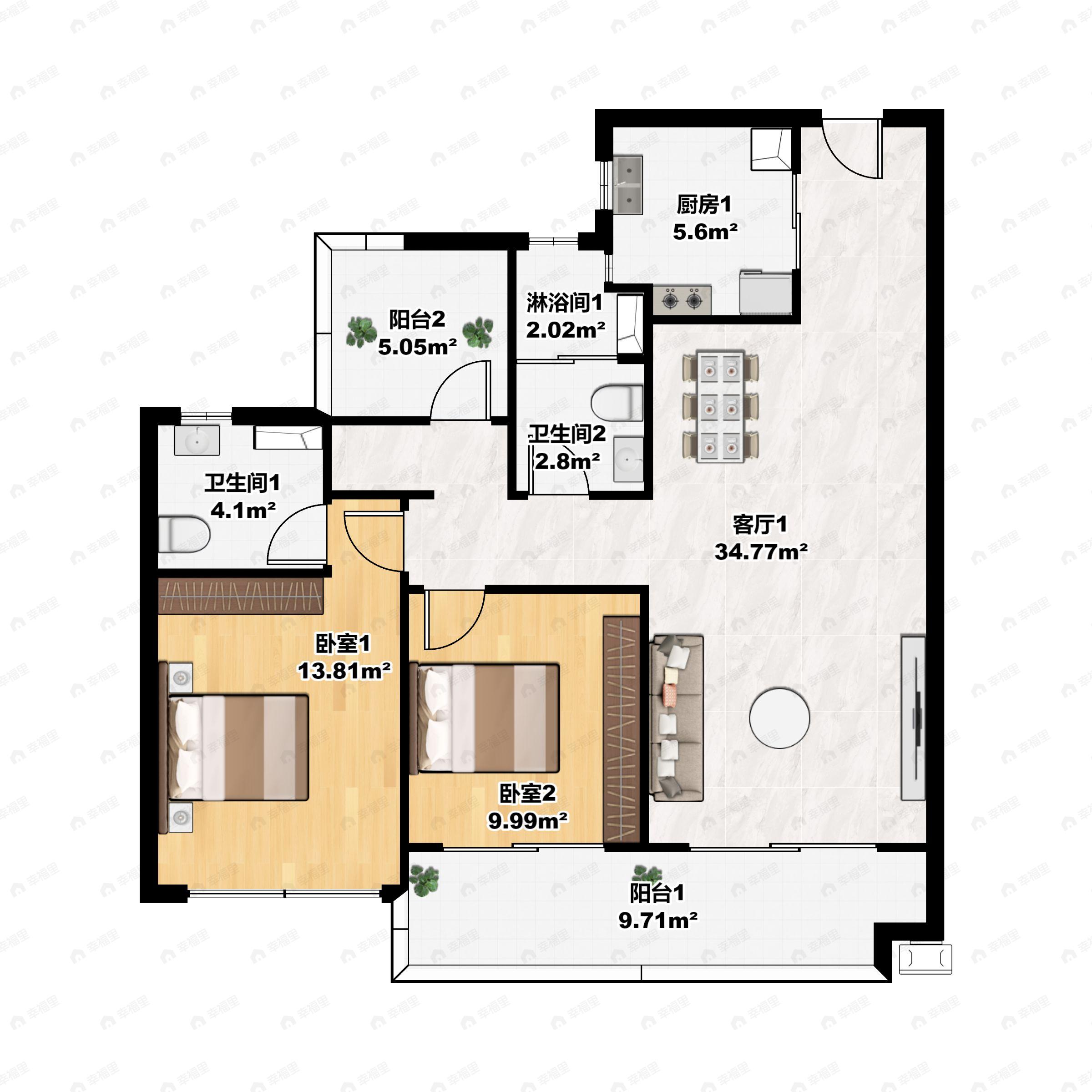 2室2厅2卫建面96m²东南户型图