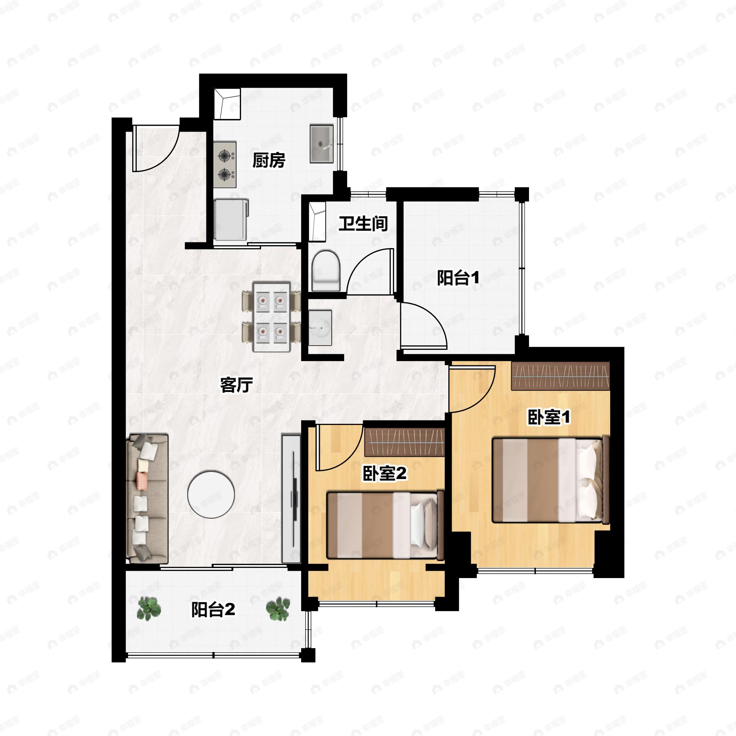 2室2厅1卫建面79m²东南户型图