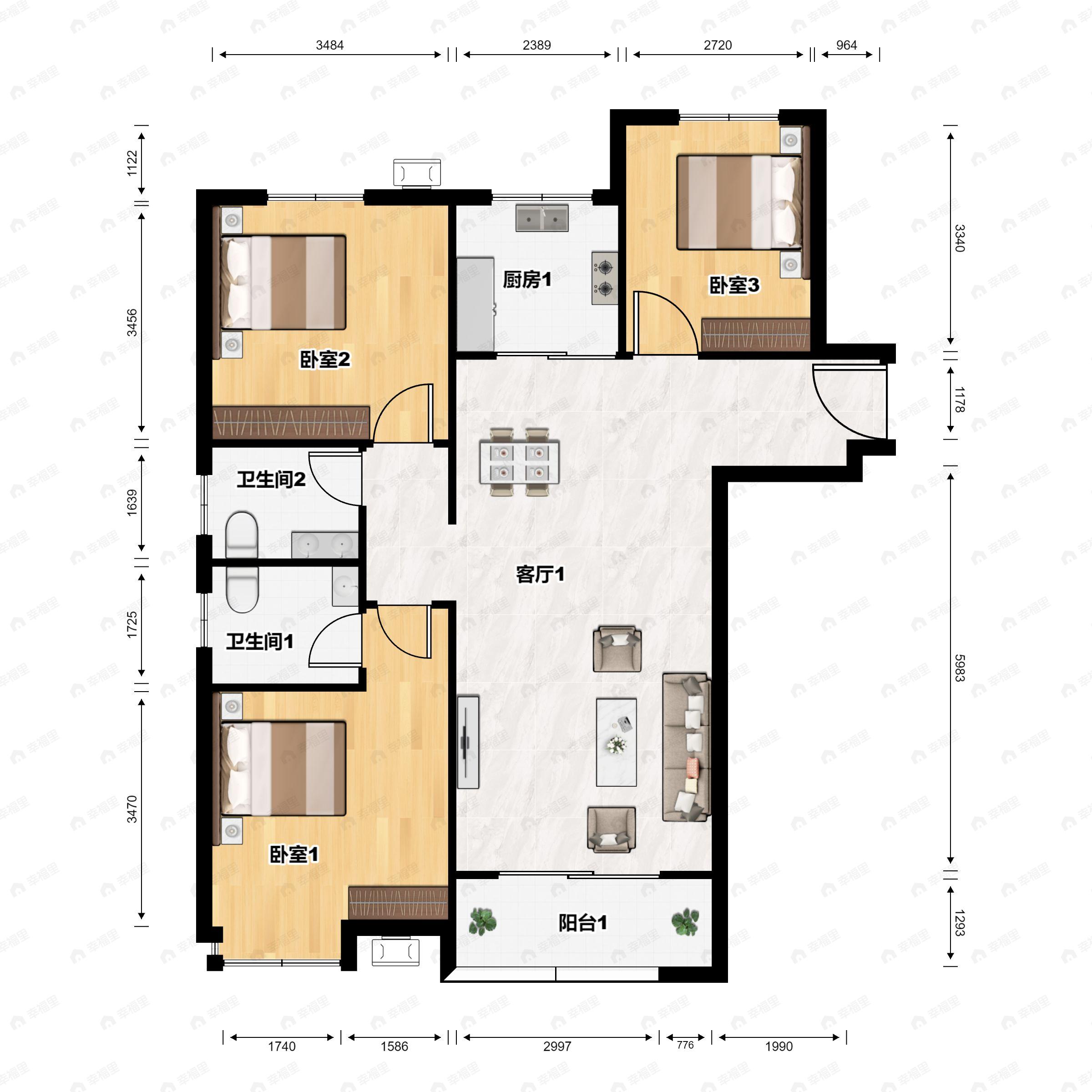 3室2厅2卫建面120平户型图