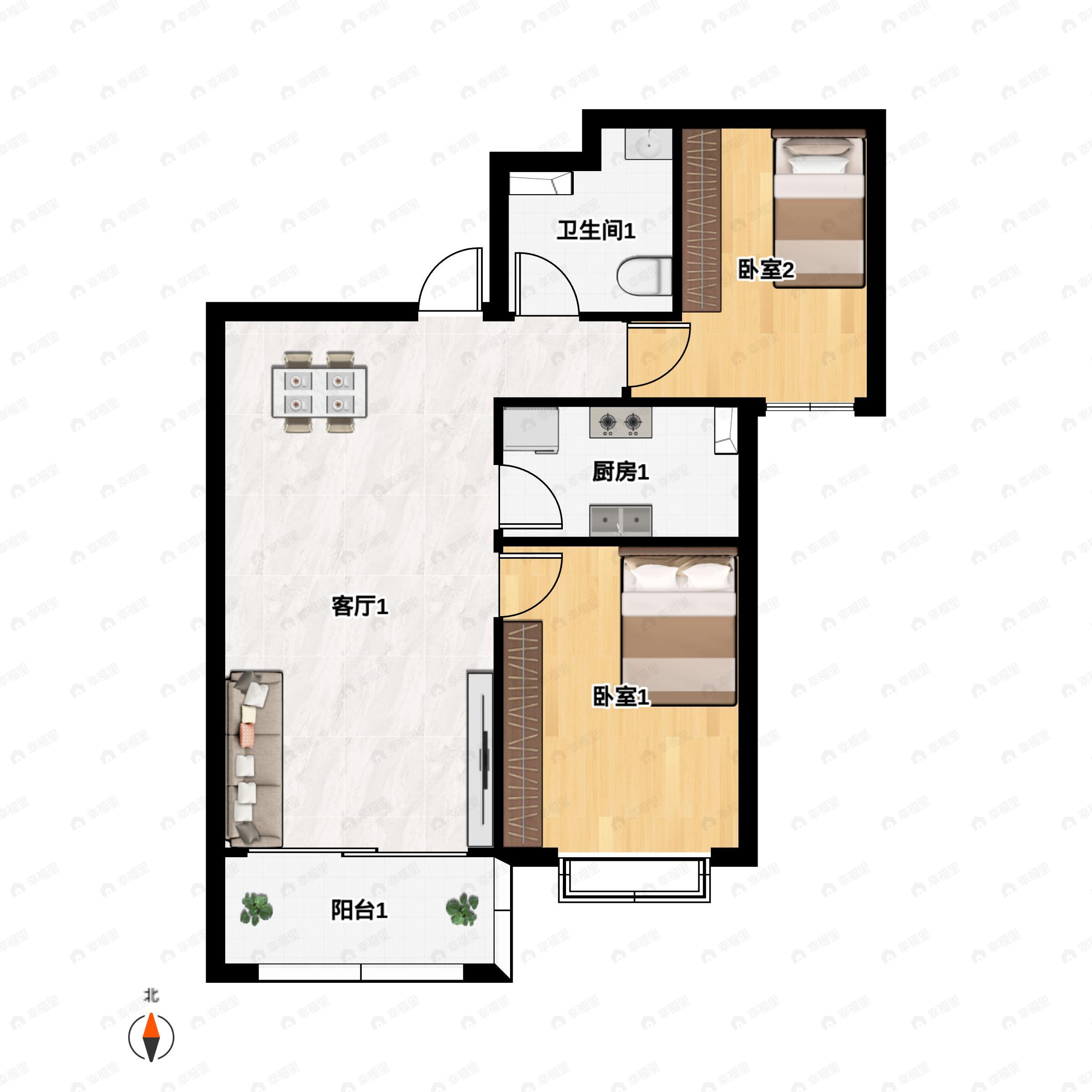 2室2厅1卫建面92平南户型图