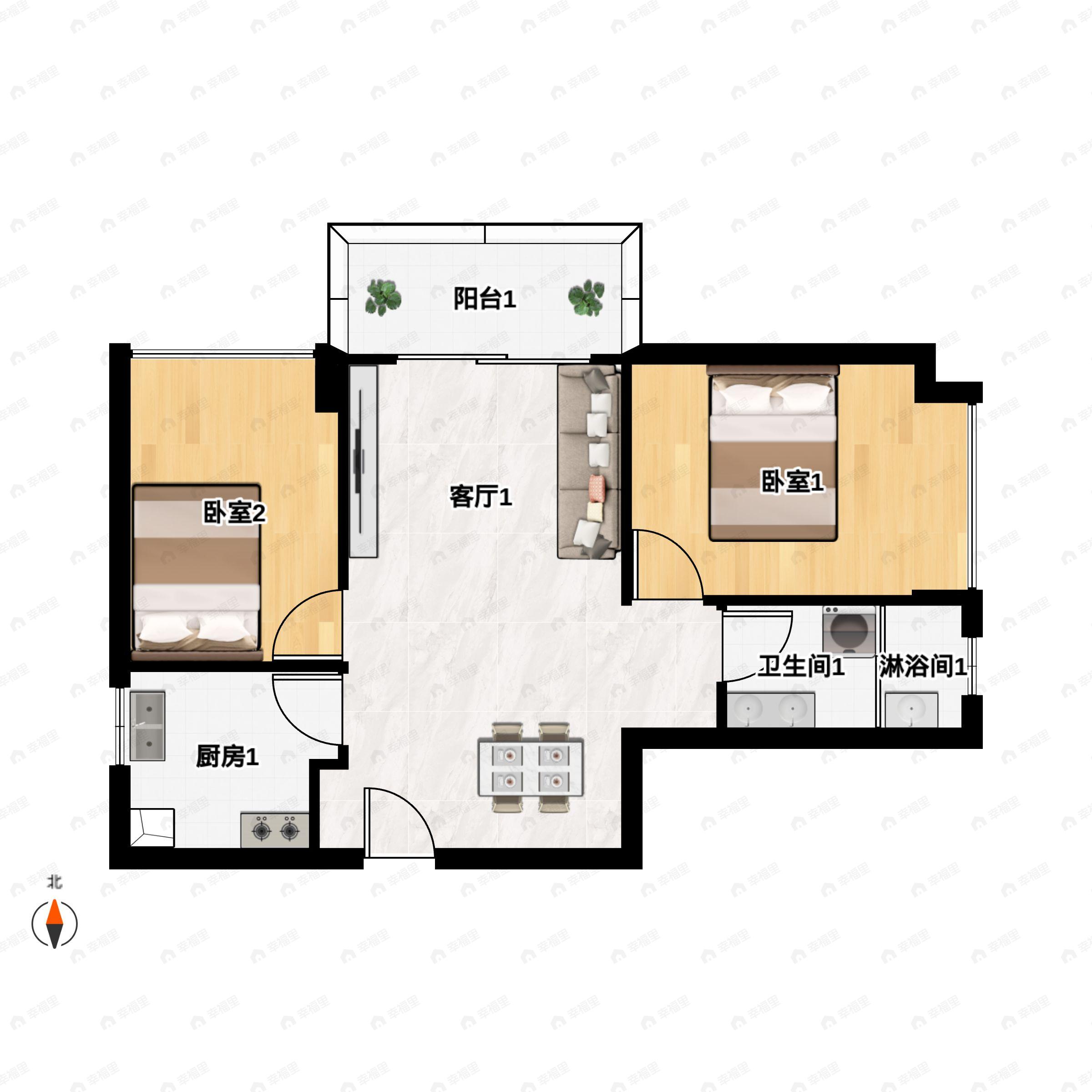 2室2厅1卫建面77平户型图