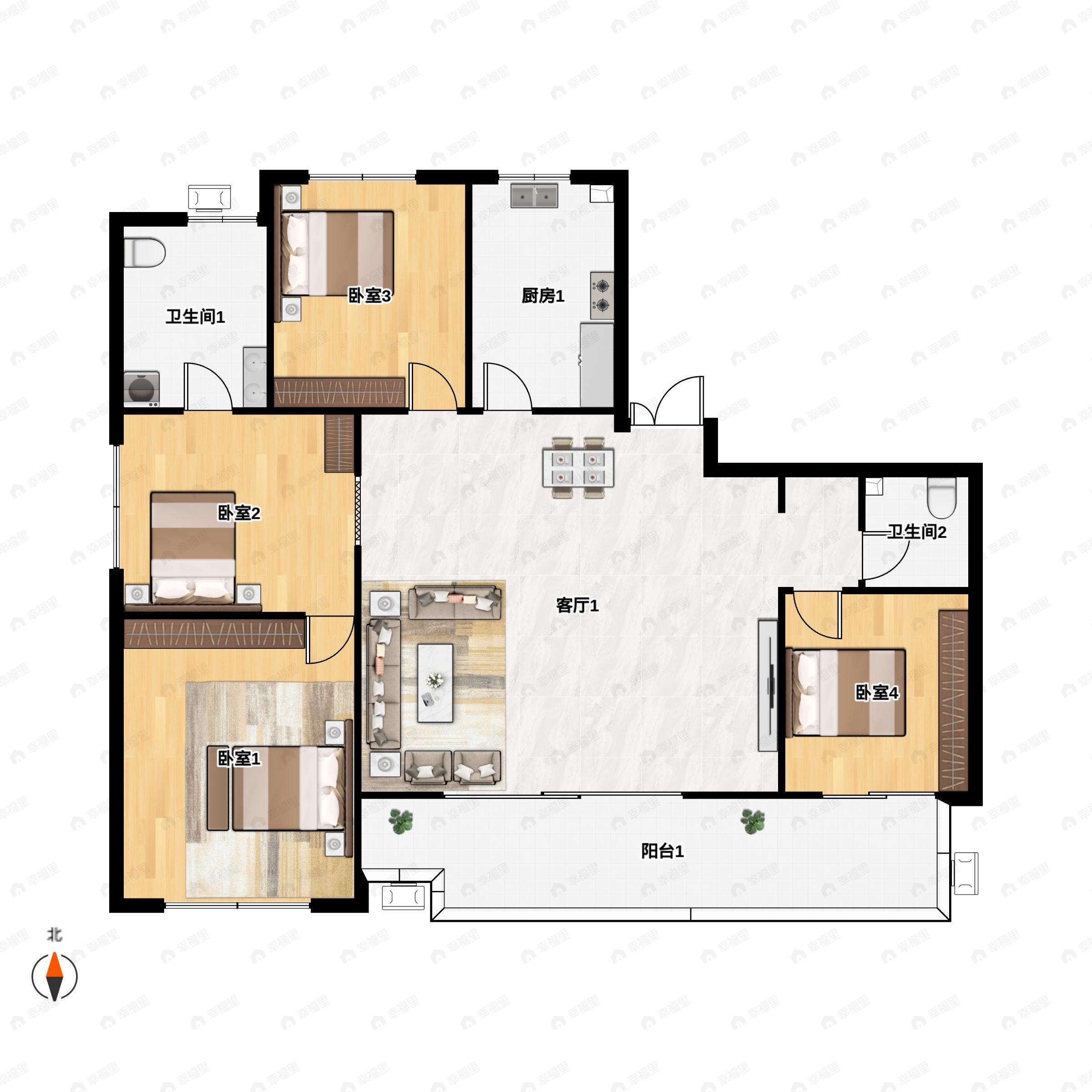 4室2厅2卫建面180m²南|北户型图