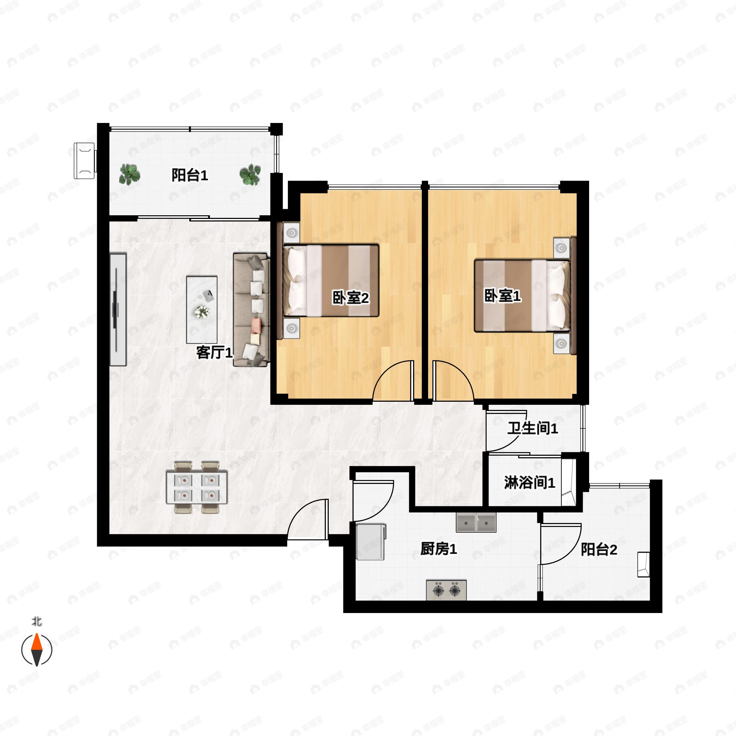 2室2厅1卫建面75平户型图