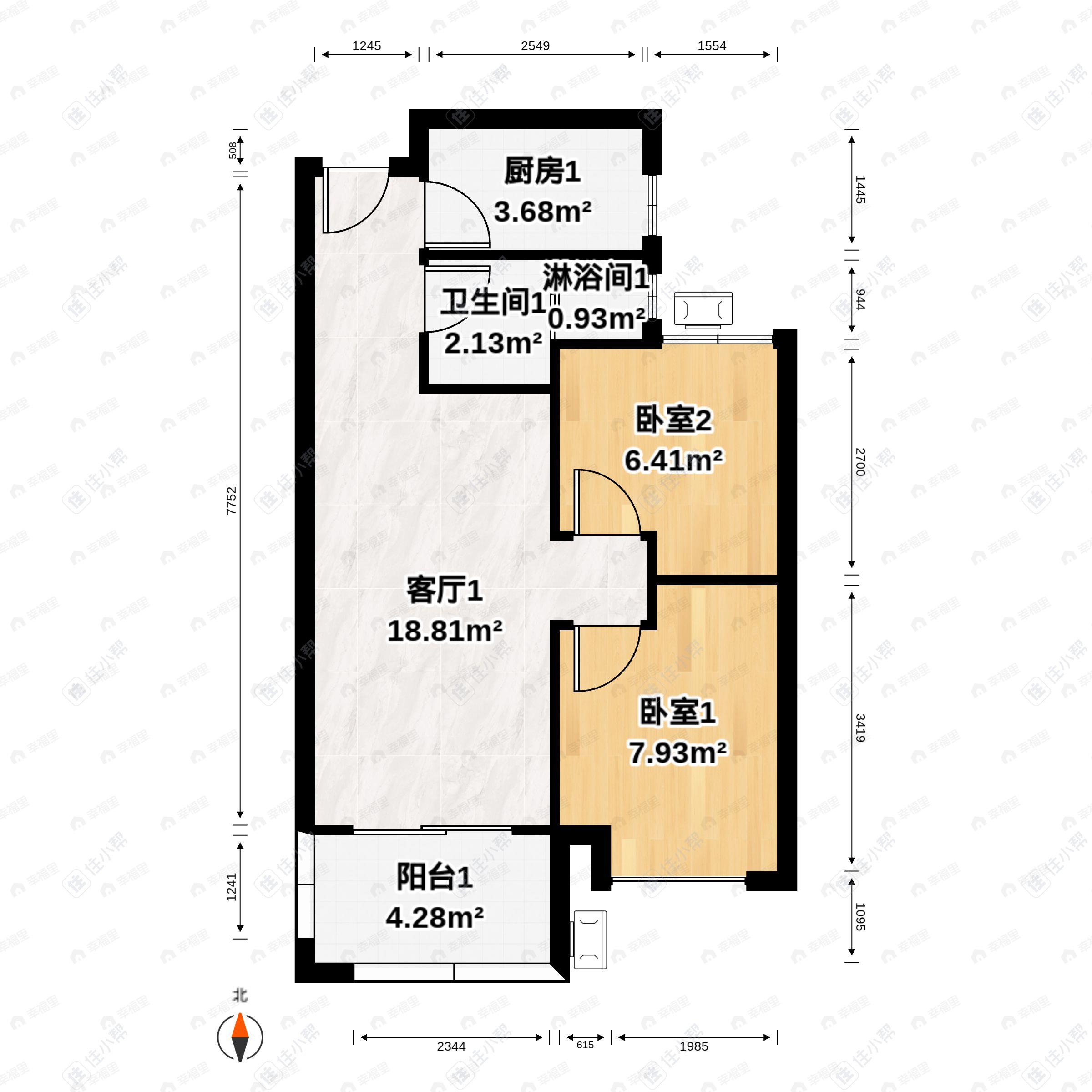 2室2厅1卫建面75平户型图