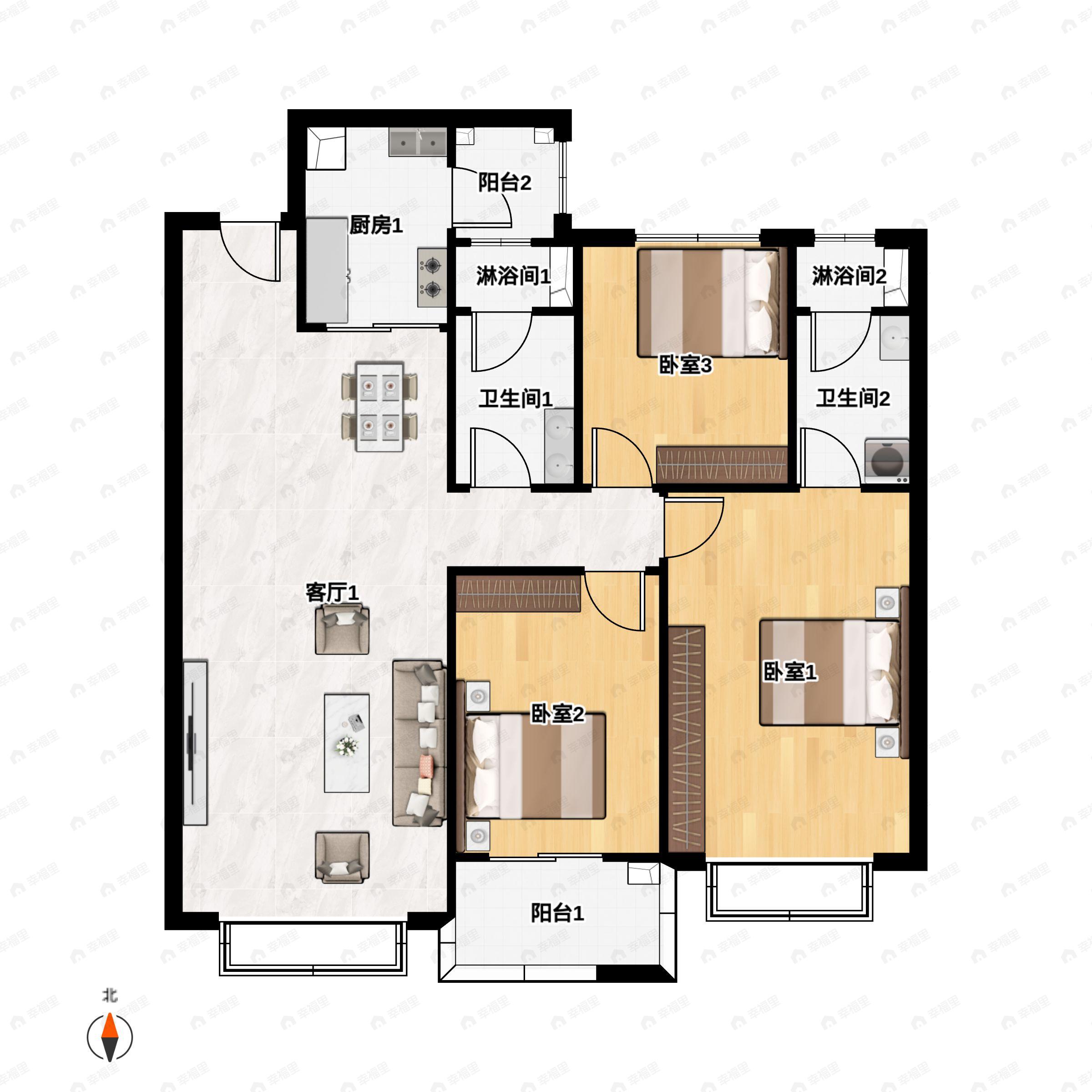 3室1厅2卫建面125m²南户型图