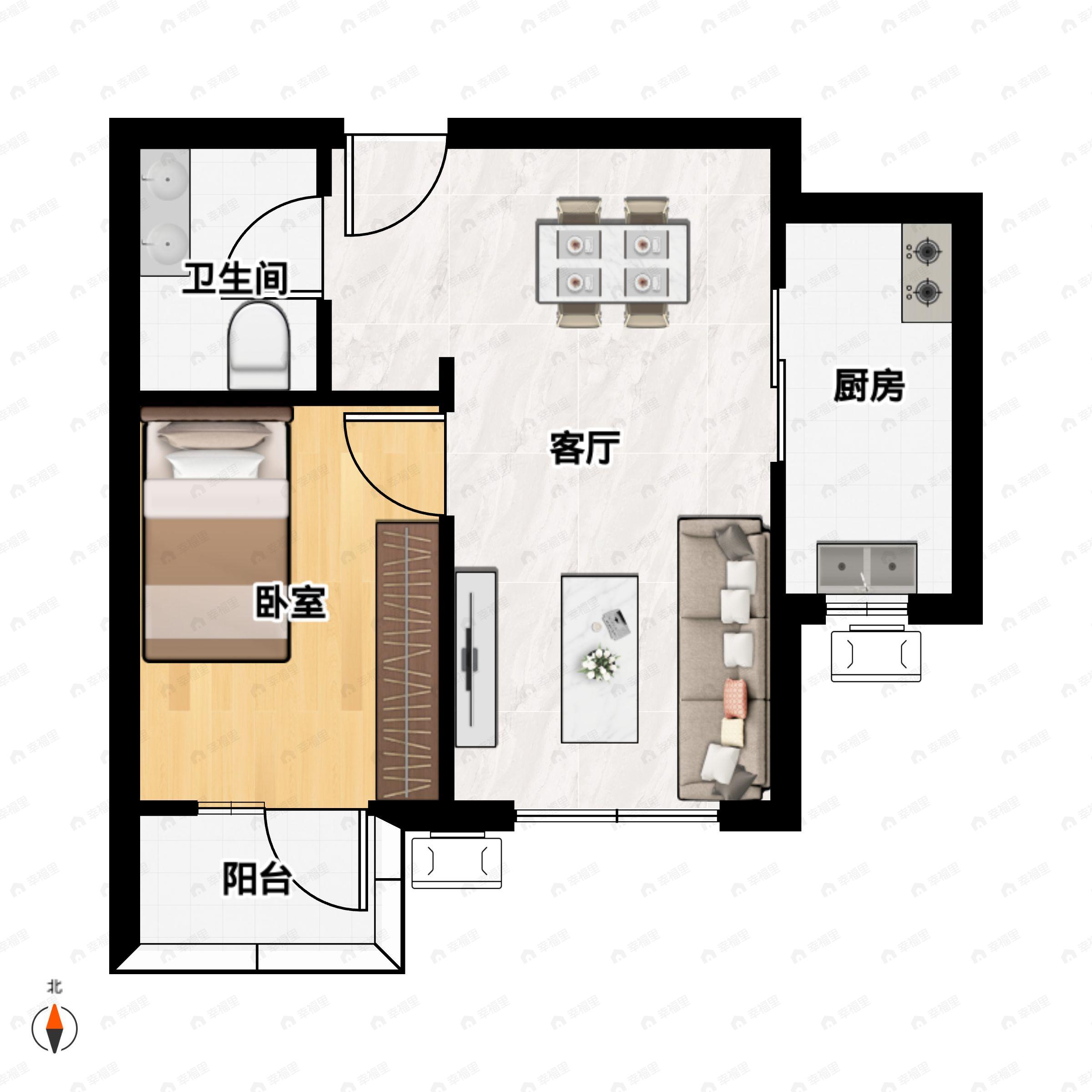 1室2厅1卫建面51平南户型图