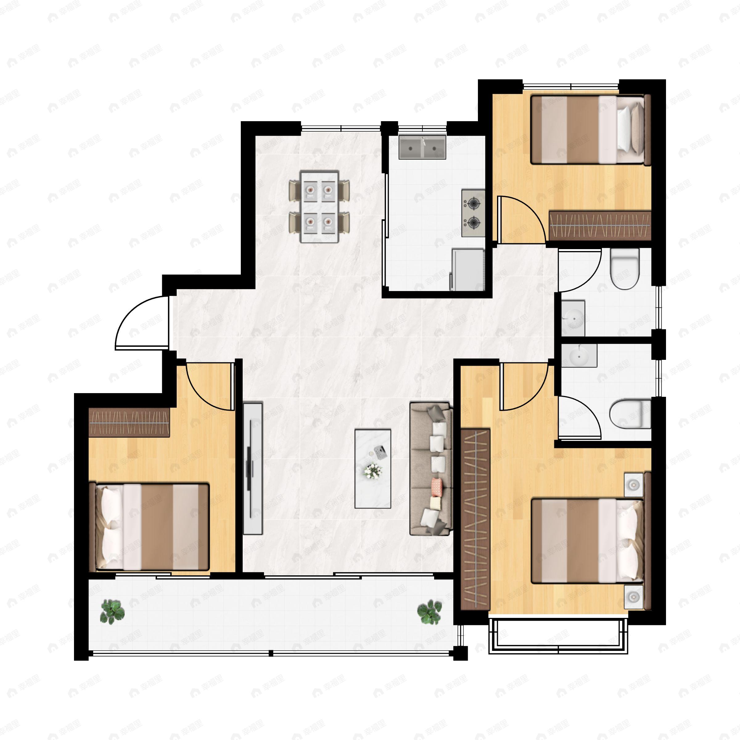 3室2厅2卫建面118m²南|北户型图