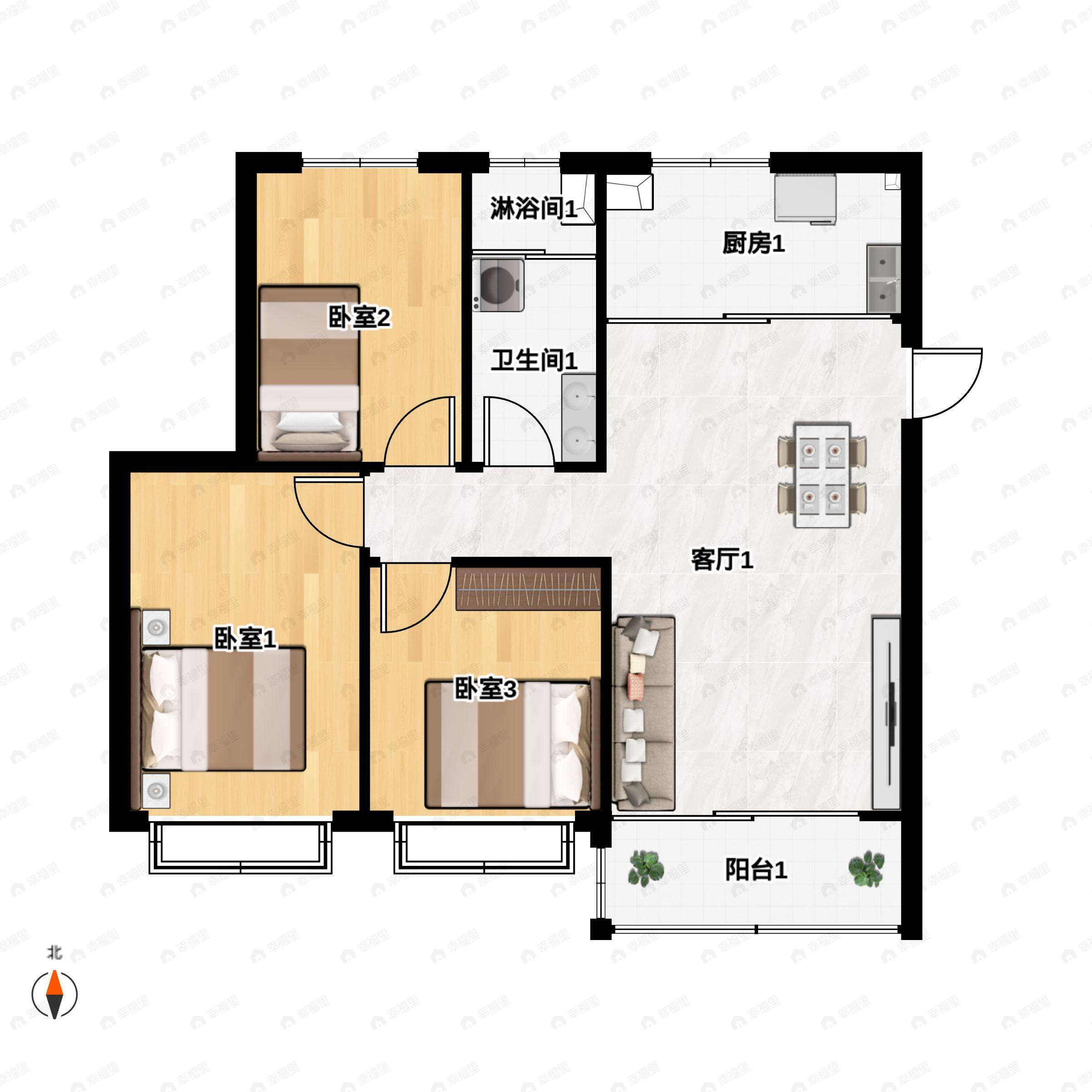 3室2厅1卫建面116平南|北户型图