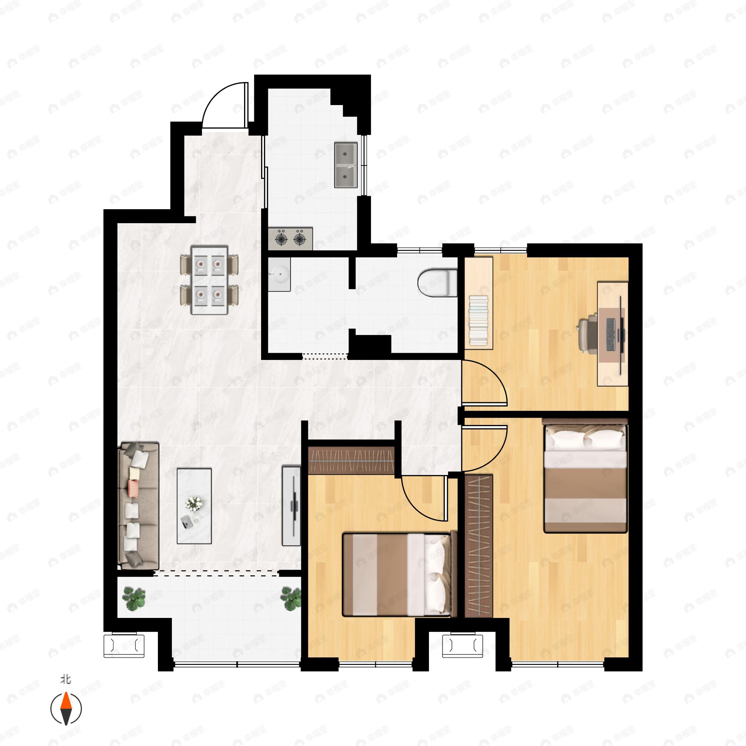 3室2厅1卫建面108m²南户型图