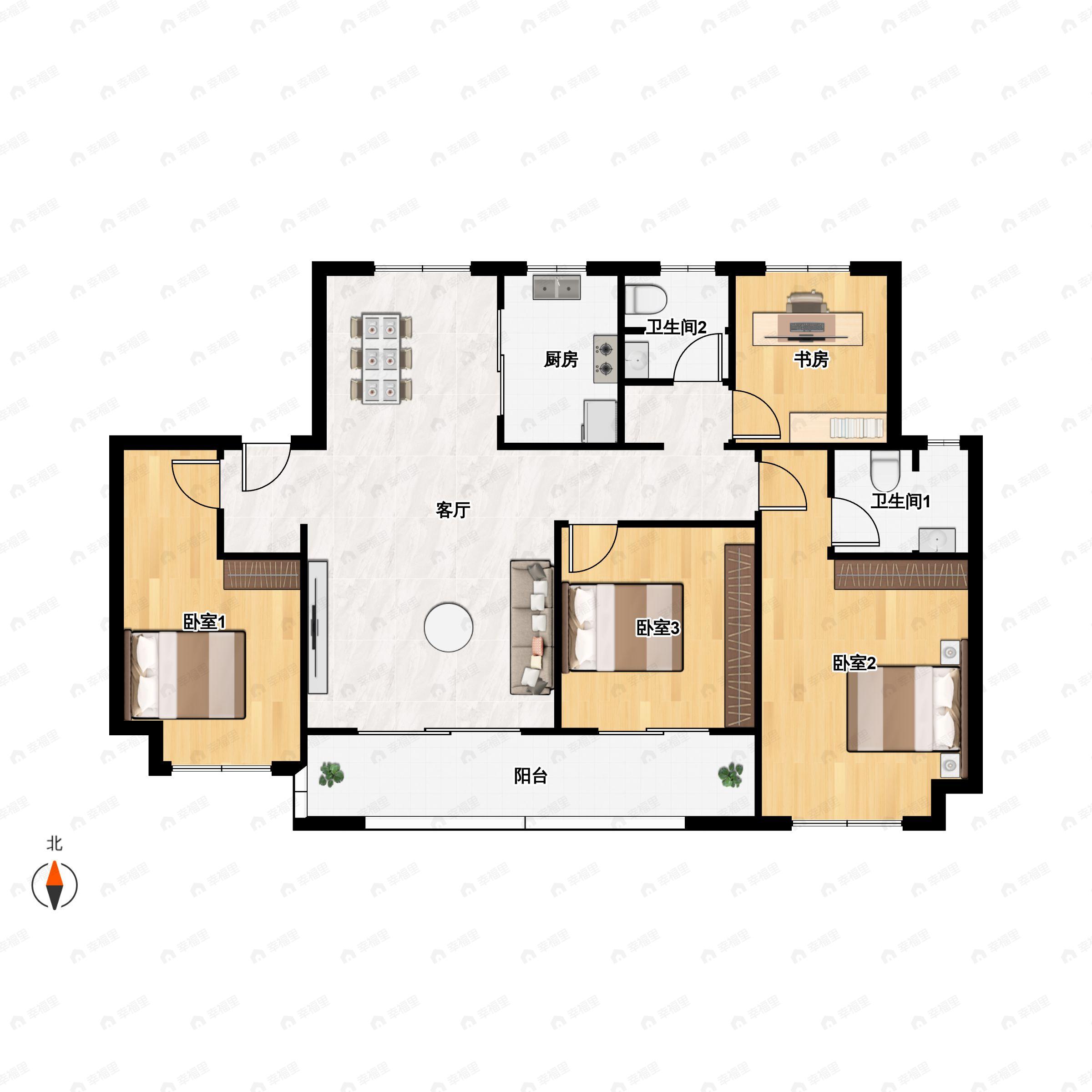 4室2厅2卫建面158m²南户型图