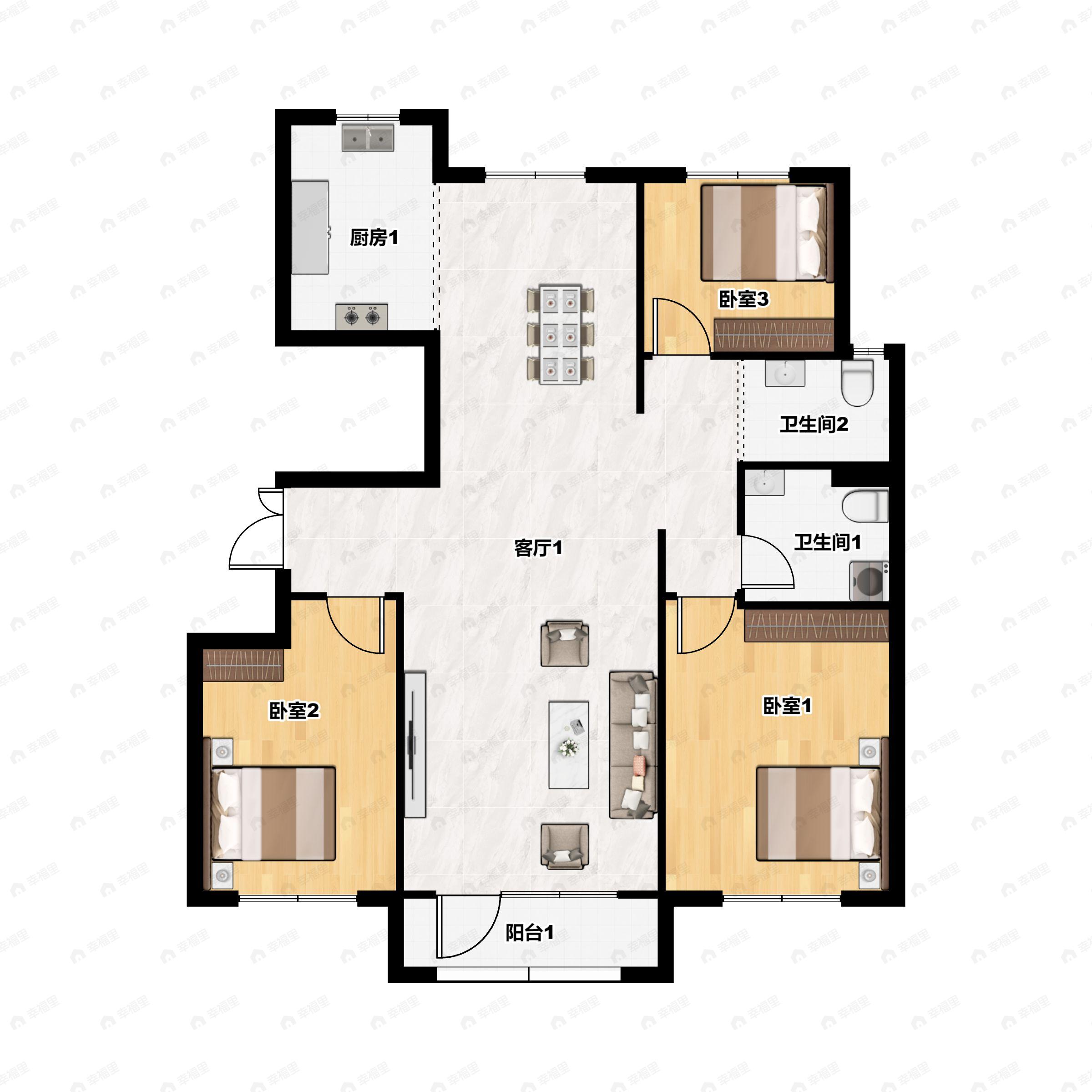3室2厅2卫建面122平南户型图
