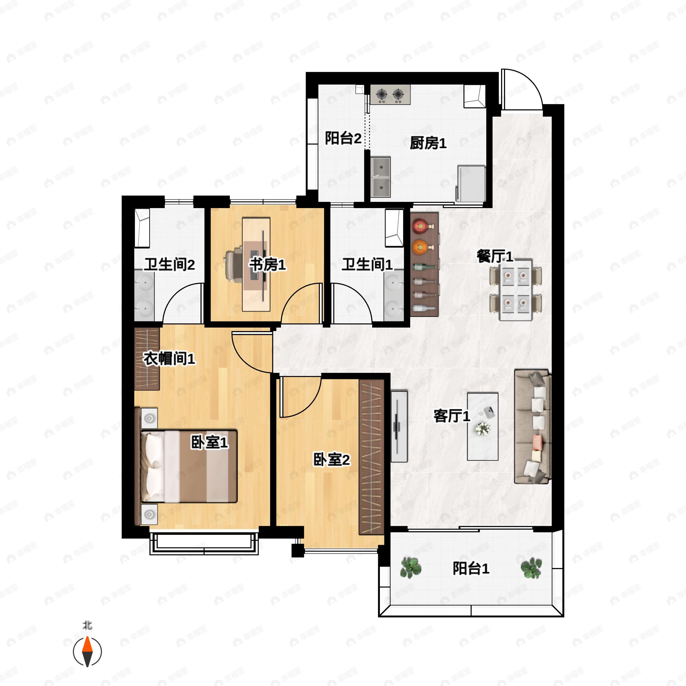 3室2厅2卫建面124平南户型图