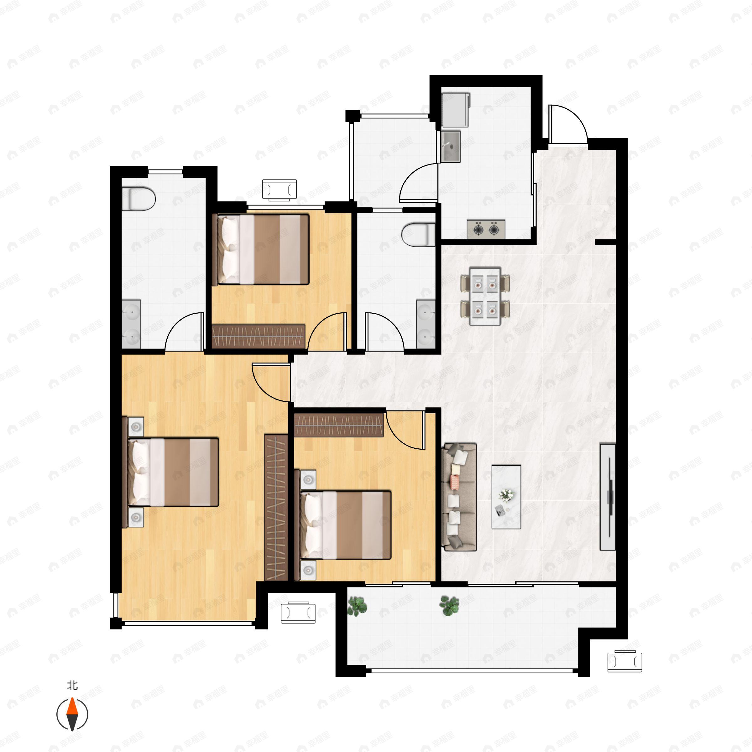 3室2厅2卫建面105m²南户型图