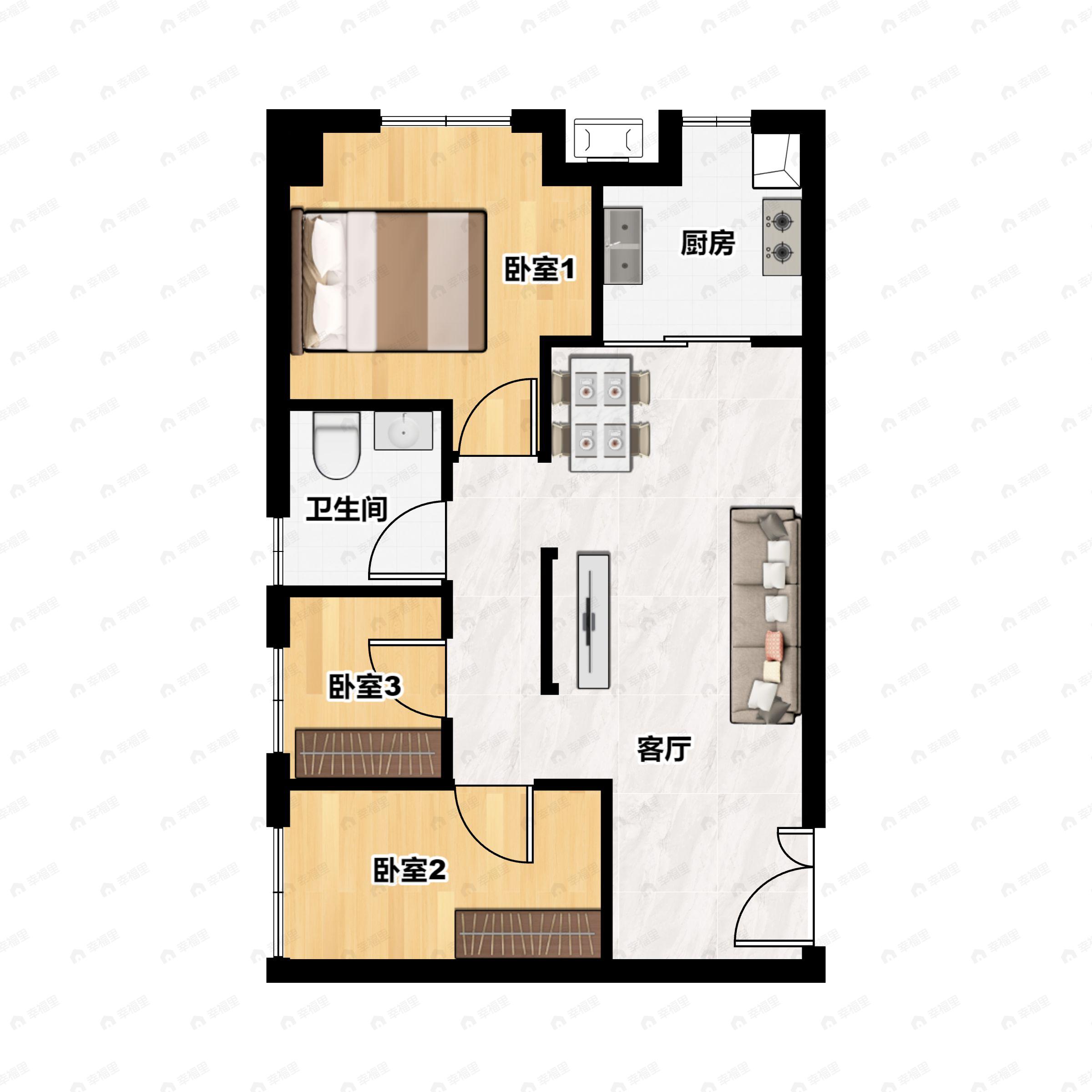 3室2厅1卫建面74平户型图