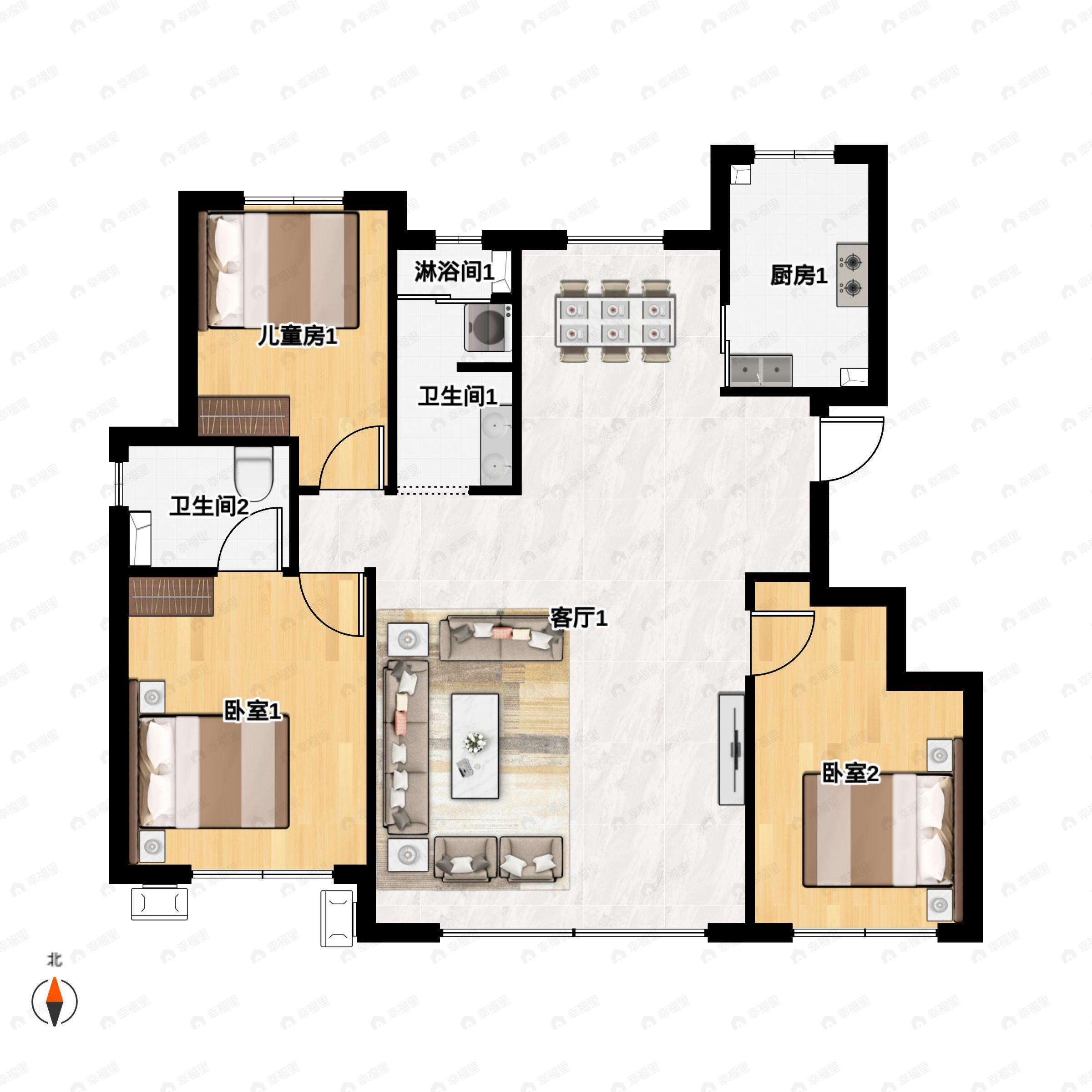 3室2厅2卫建面129平南|北户型图