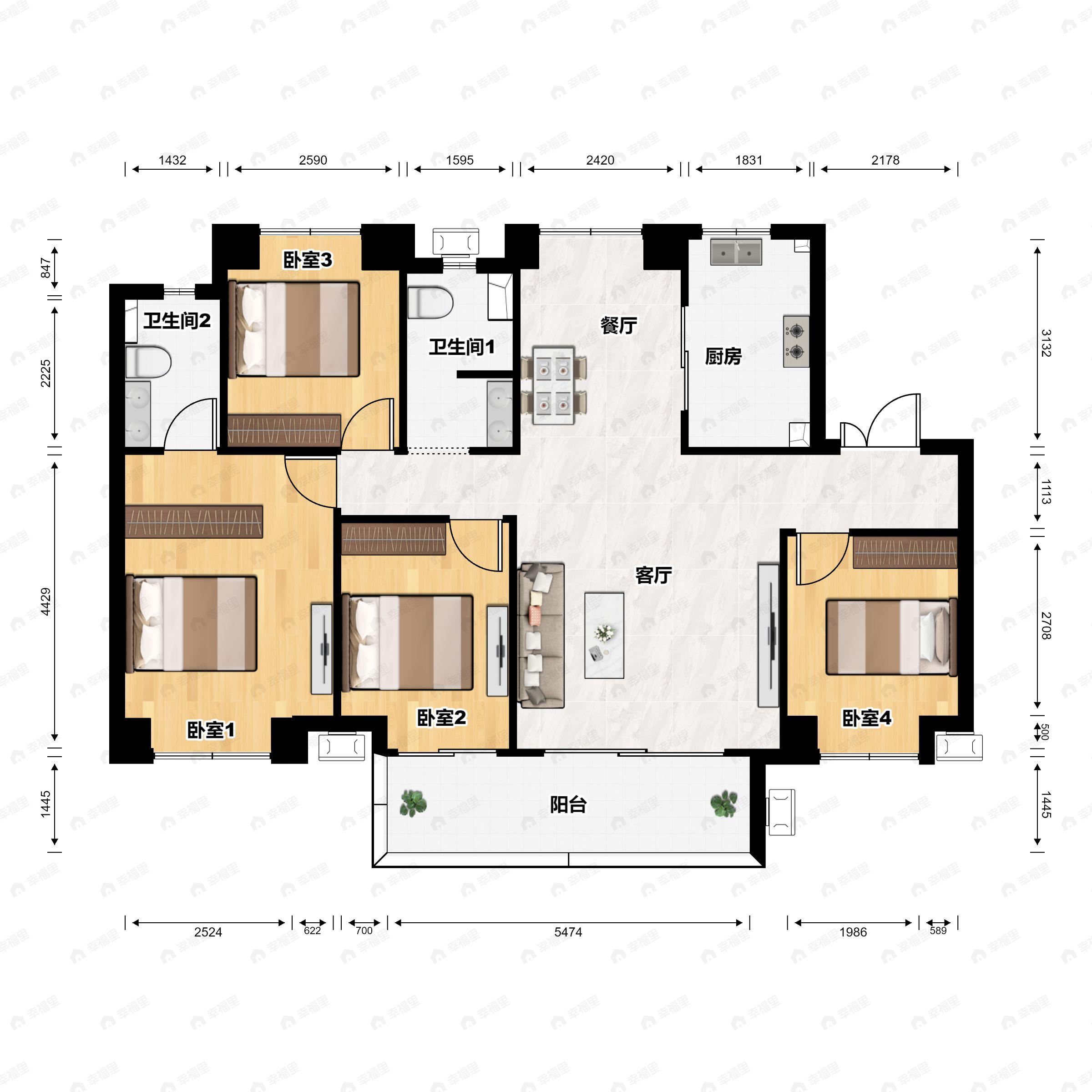 4室2厅2卫建面142平户型图