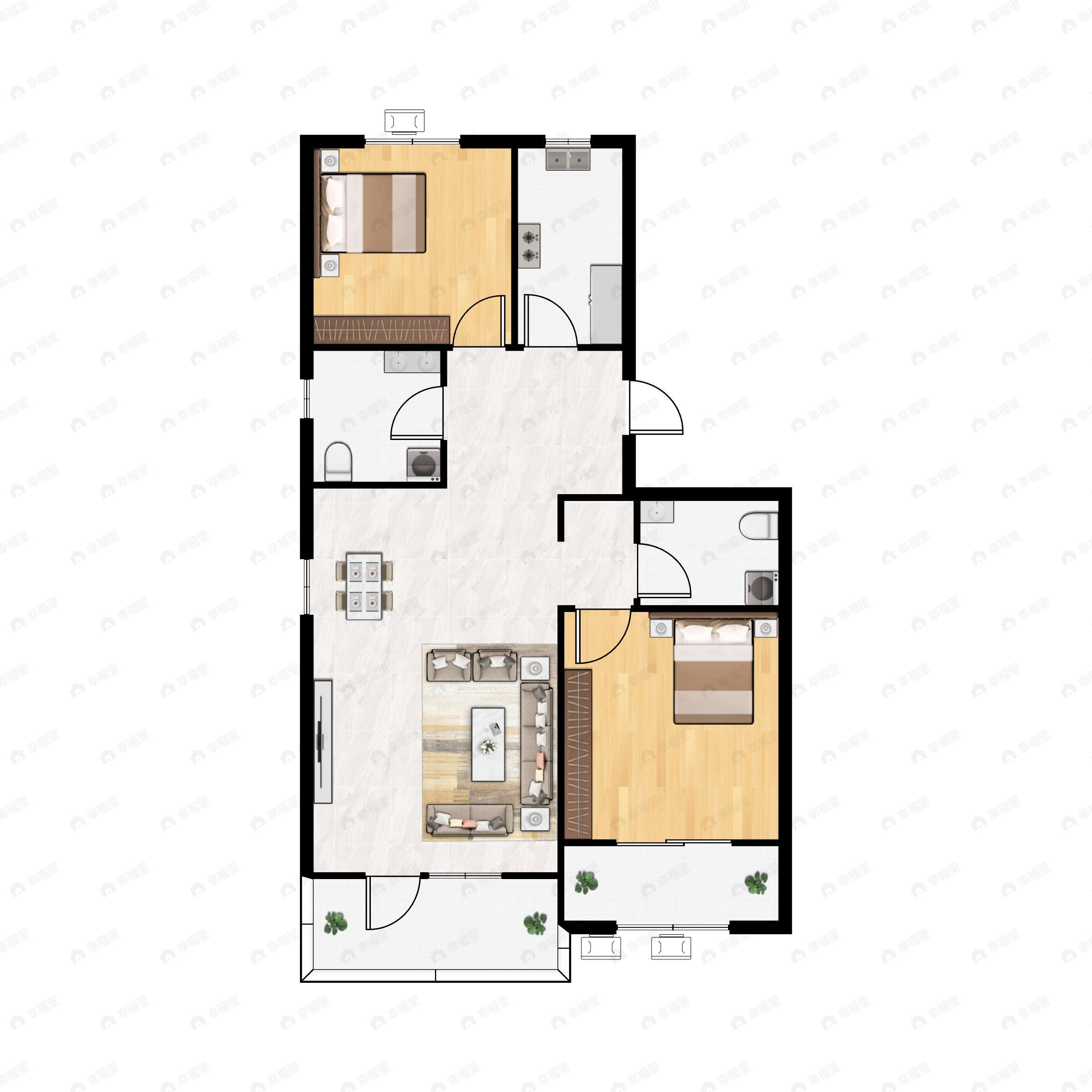 2室2厅1卫建面95平北|南户型图