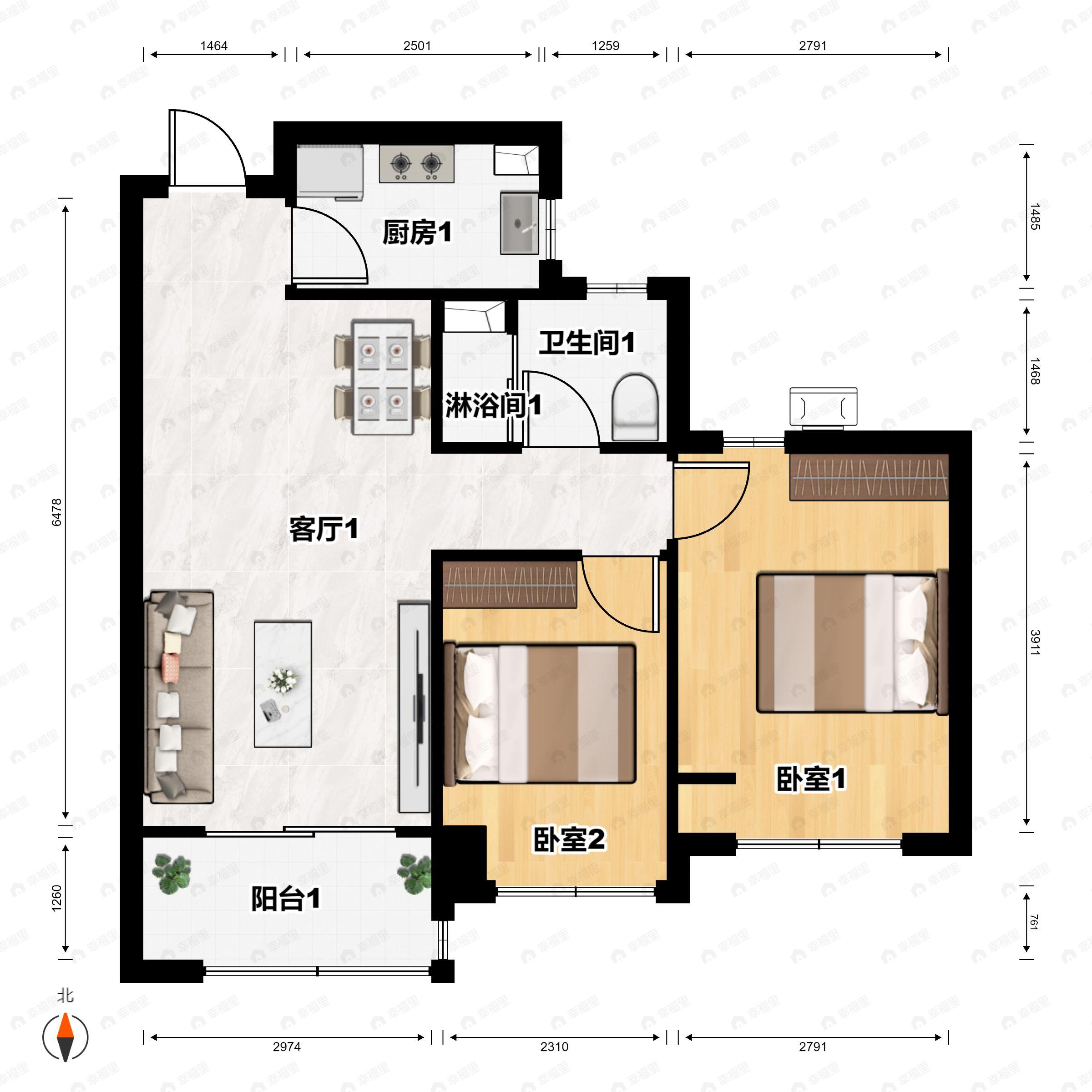 2室2厅1卫建面85m²南户型图
