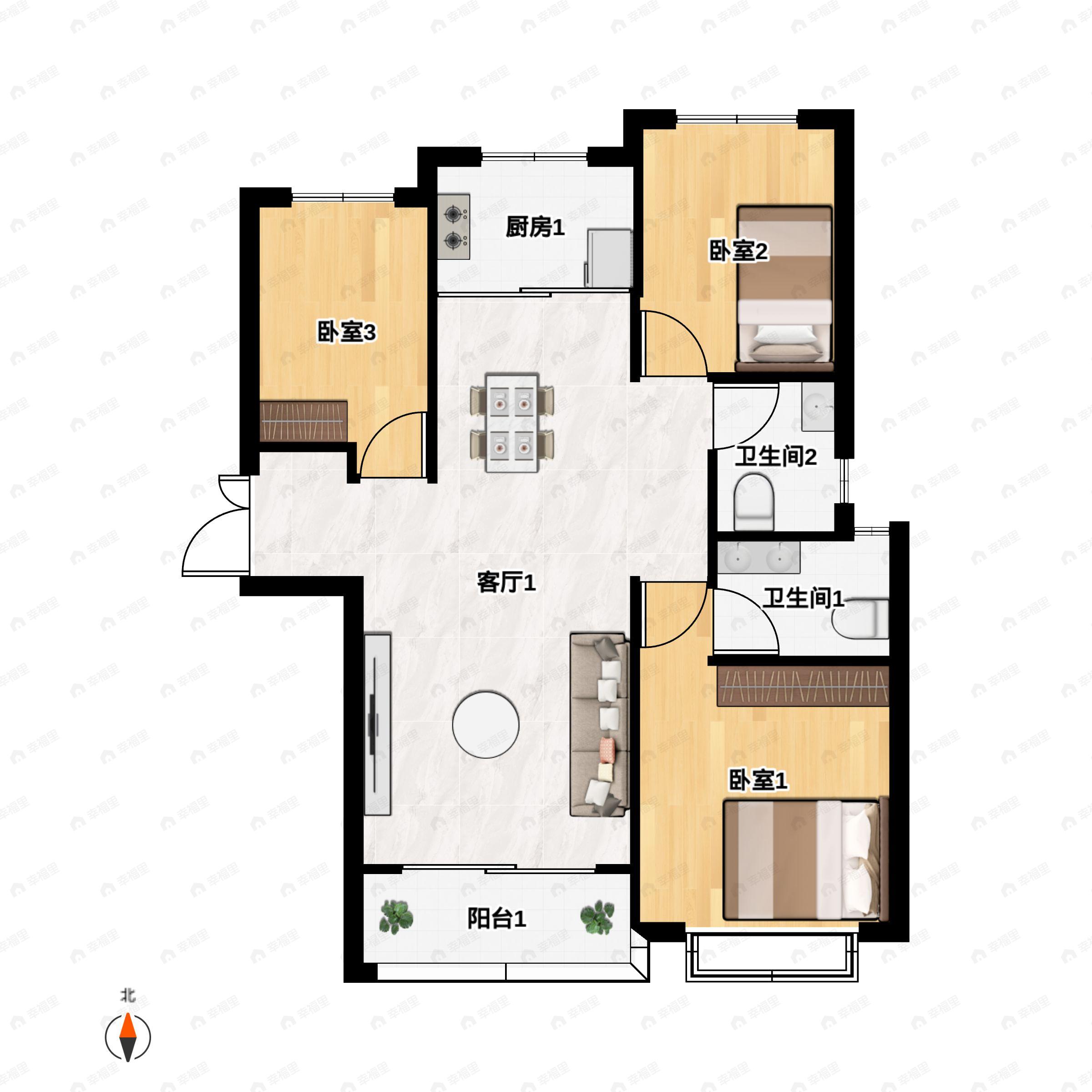 3室2厅2卫建面132m²南户型图