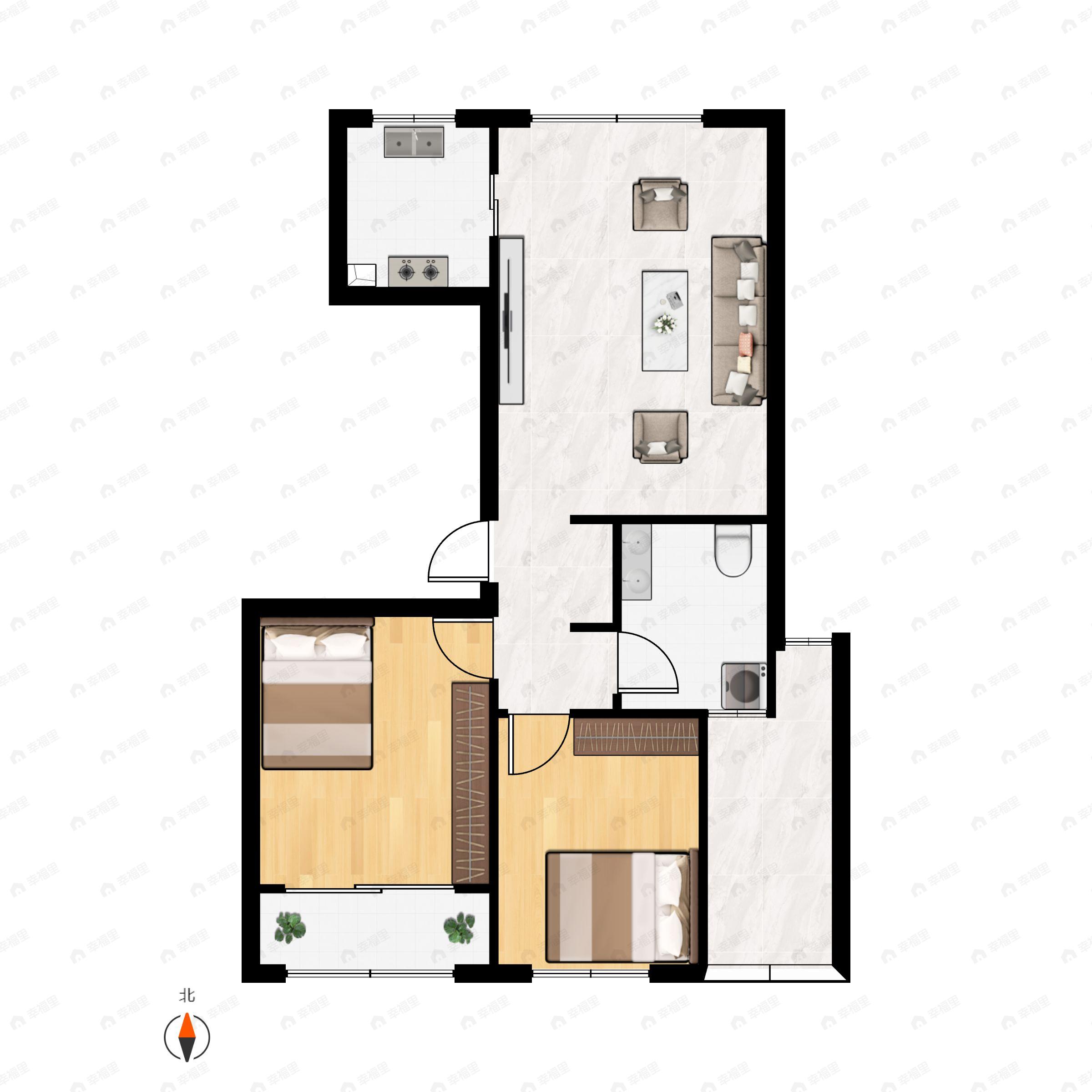 2室2厅1卫建面96m²南|东|西|北户型图