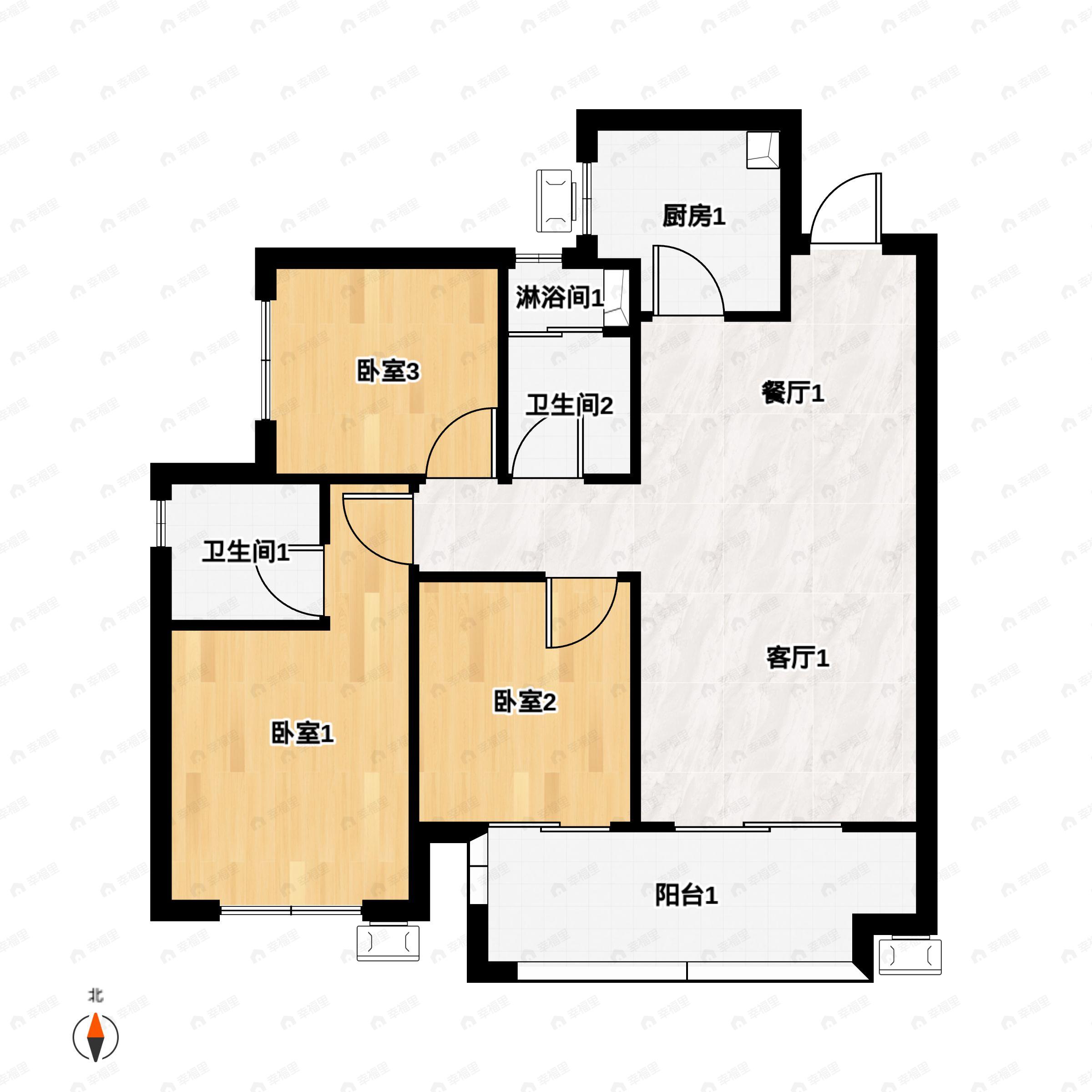 3室2厅2卫建面89平户型图