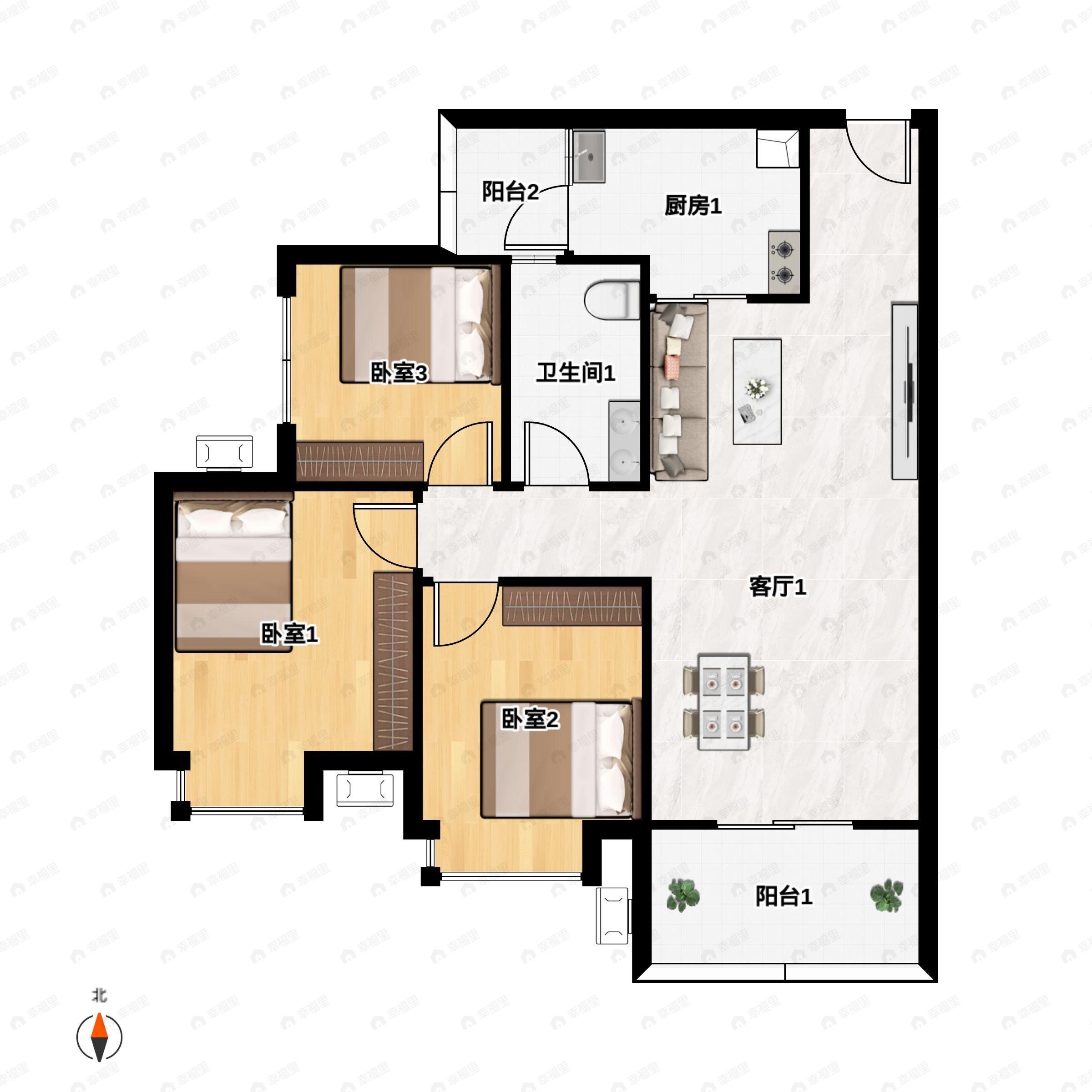 3室2厅1卫建面96平户型图