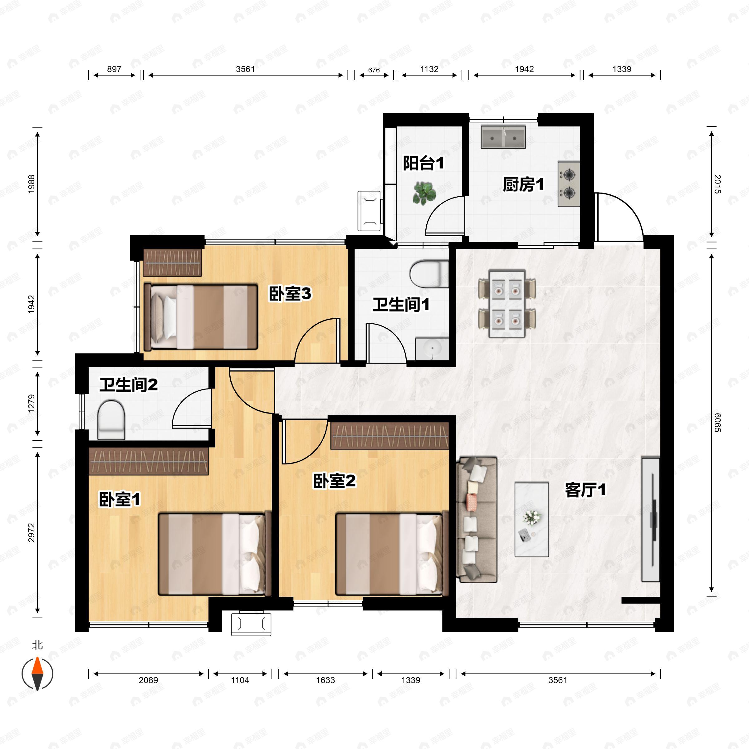 3室2厅2卫建面106平户型图