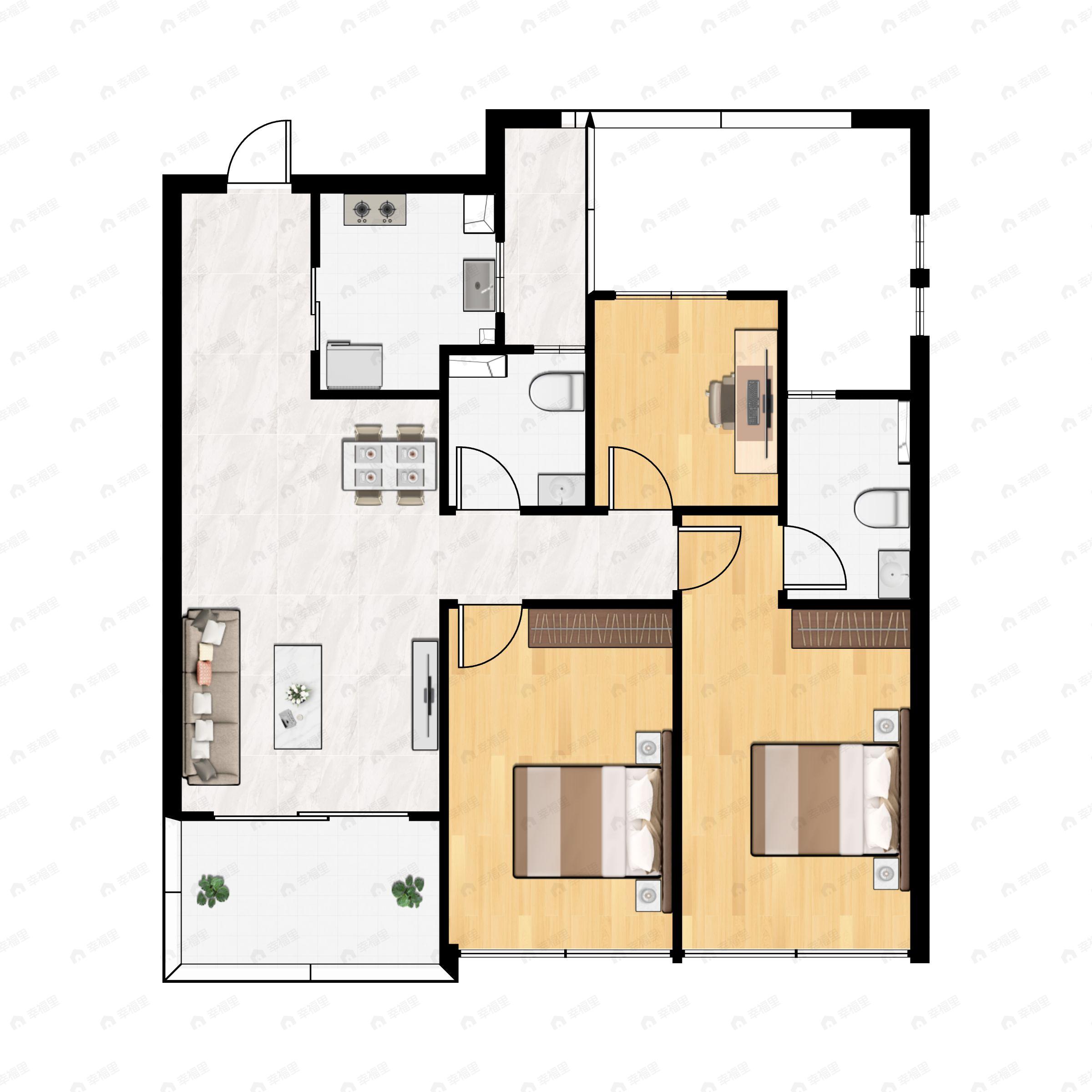 3室2厅2卫建面89平户型图