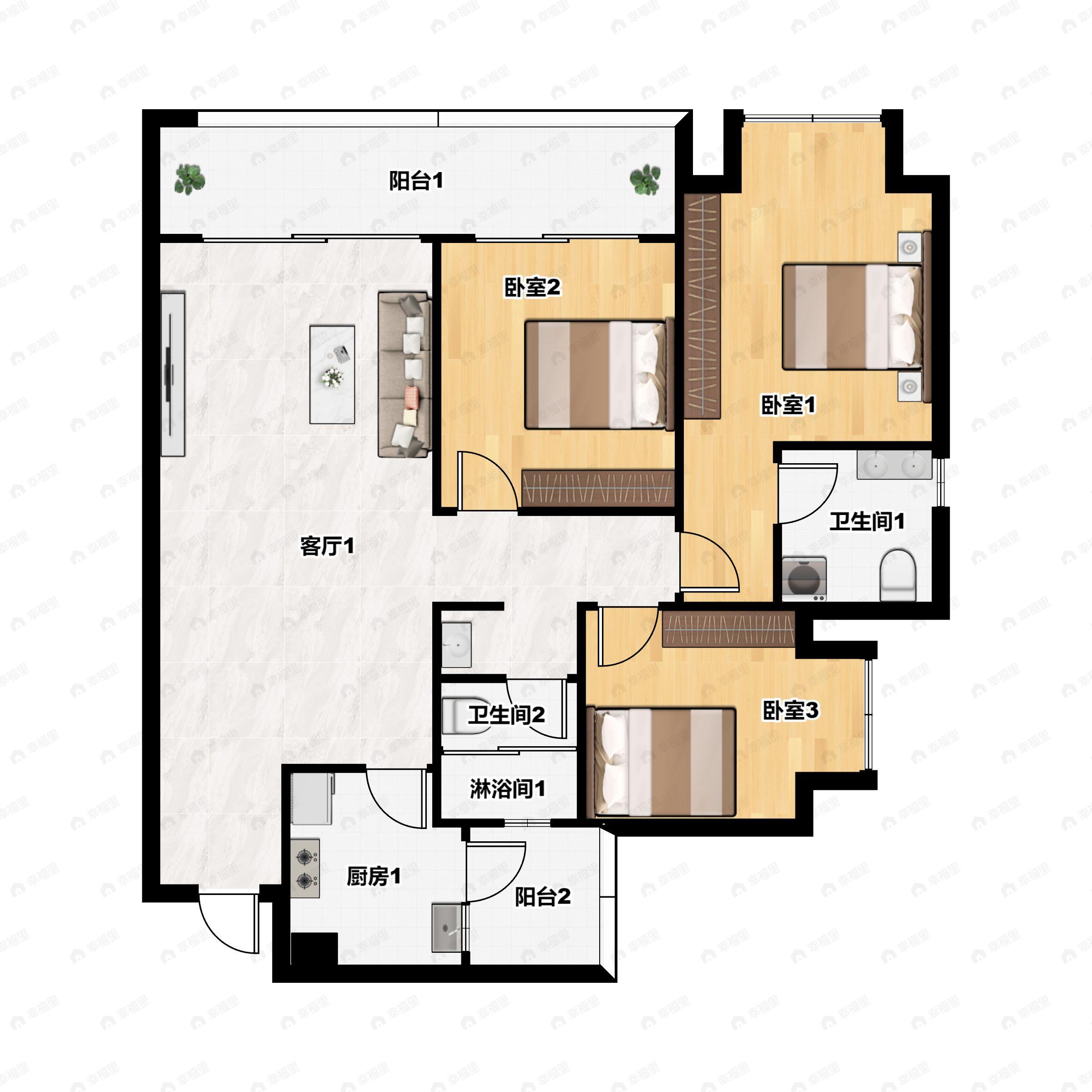 3室2厅2卫建面96平东户型图