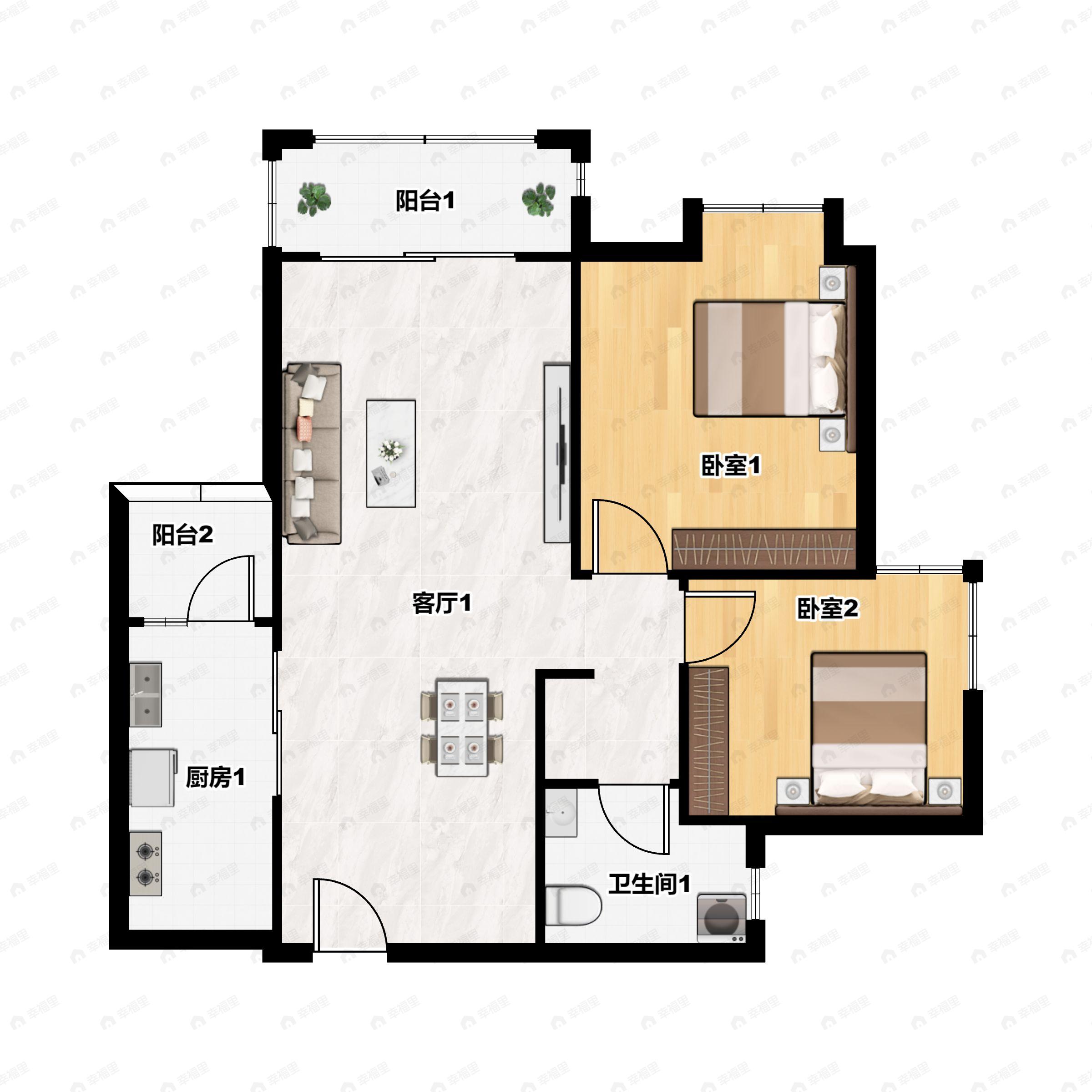 2室2厅1卫建面80m²东户型图