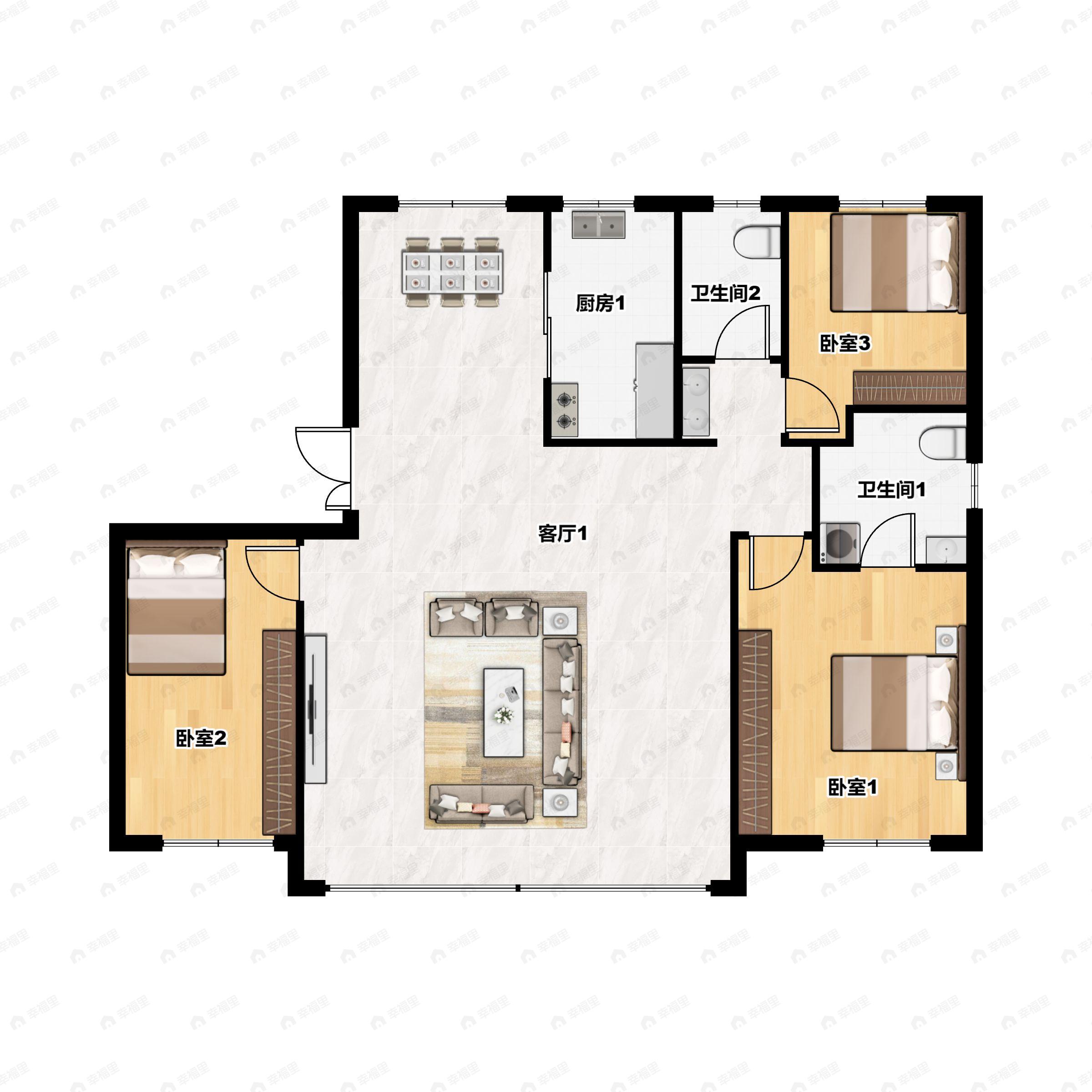 3室2厅2卫建面160m²南户型图