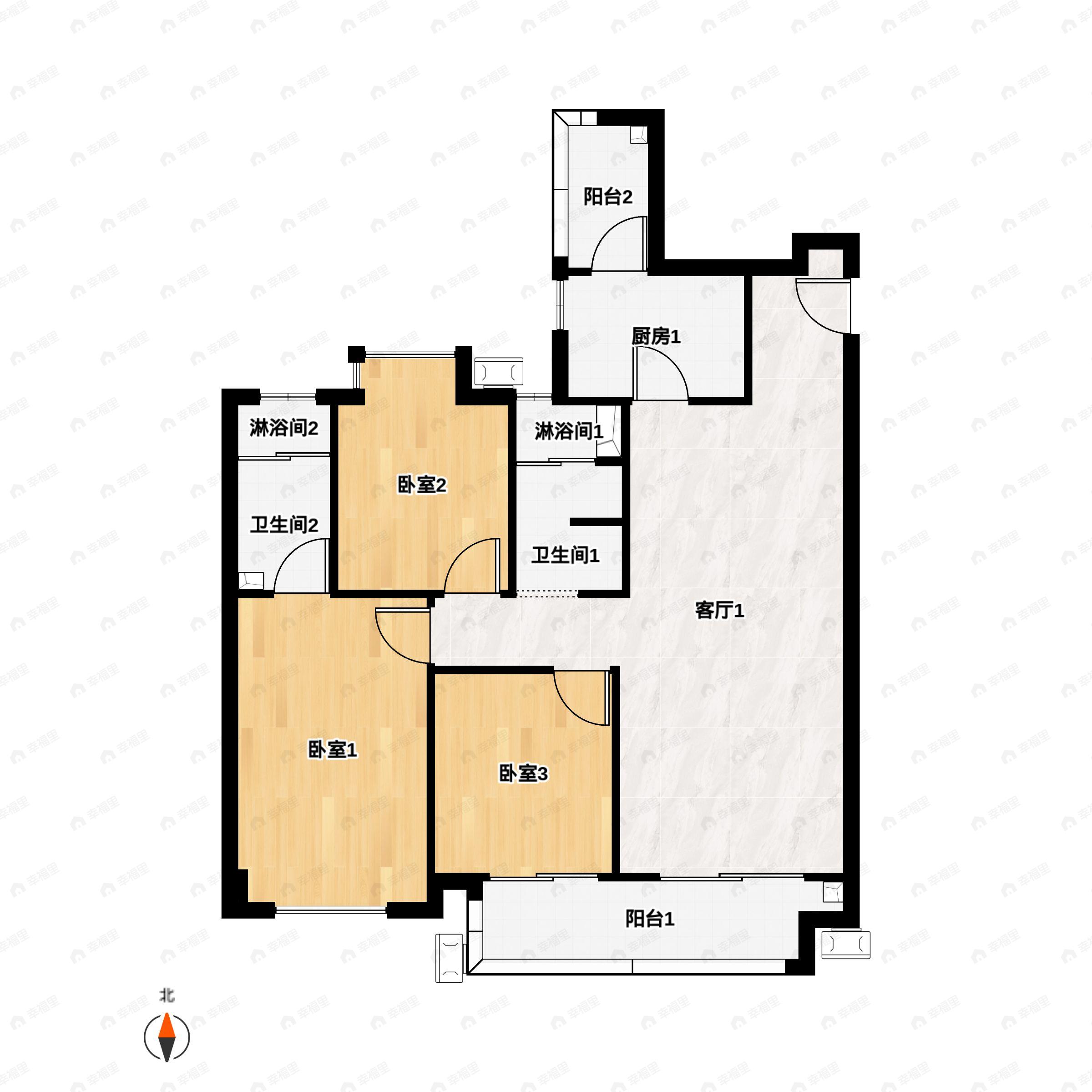 3室2厅2卫建面124平北|南户型图