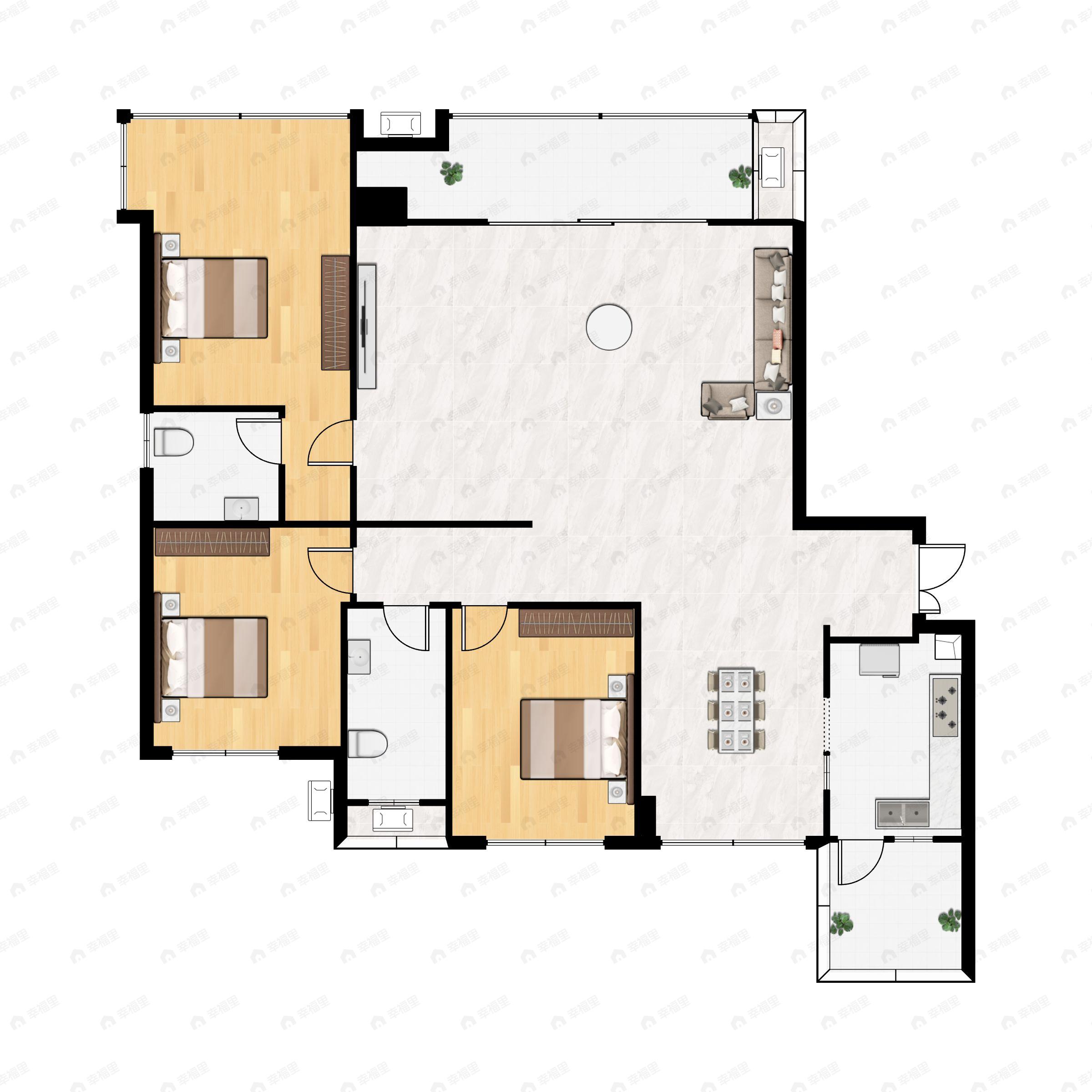 2室3厅1卫建面178m²户型图