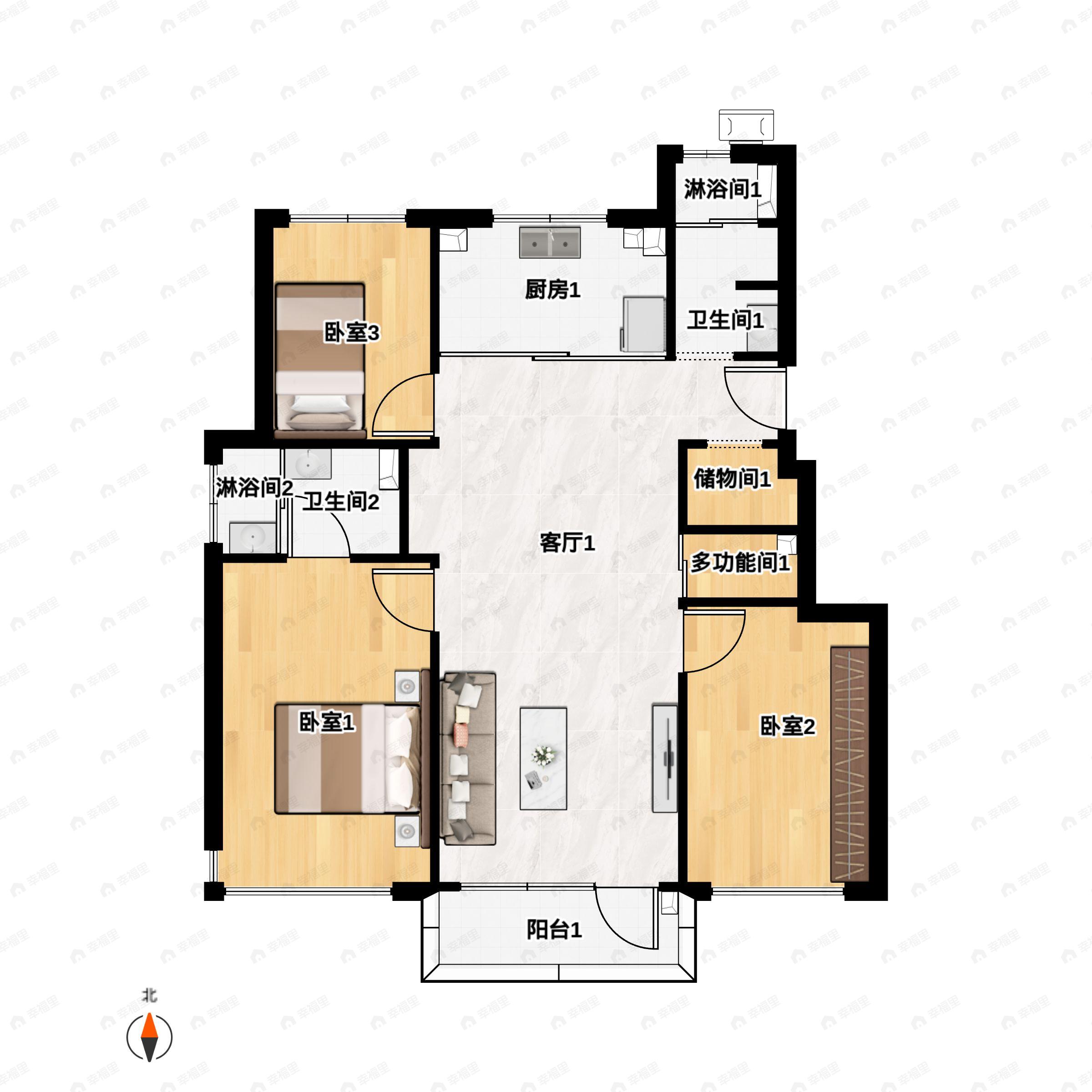 3室2厅2卫建面115平南|北户型图