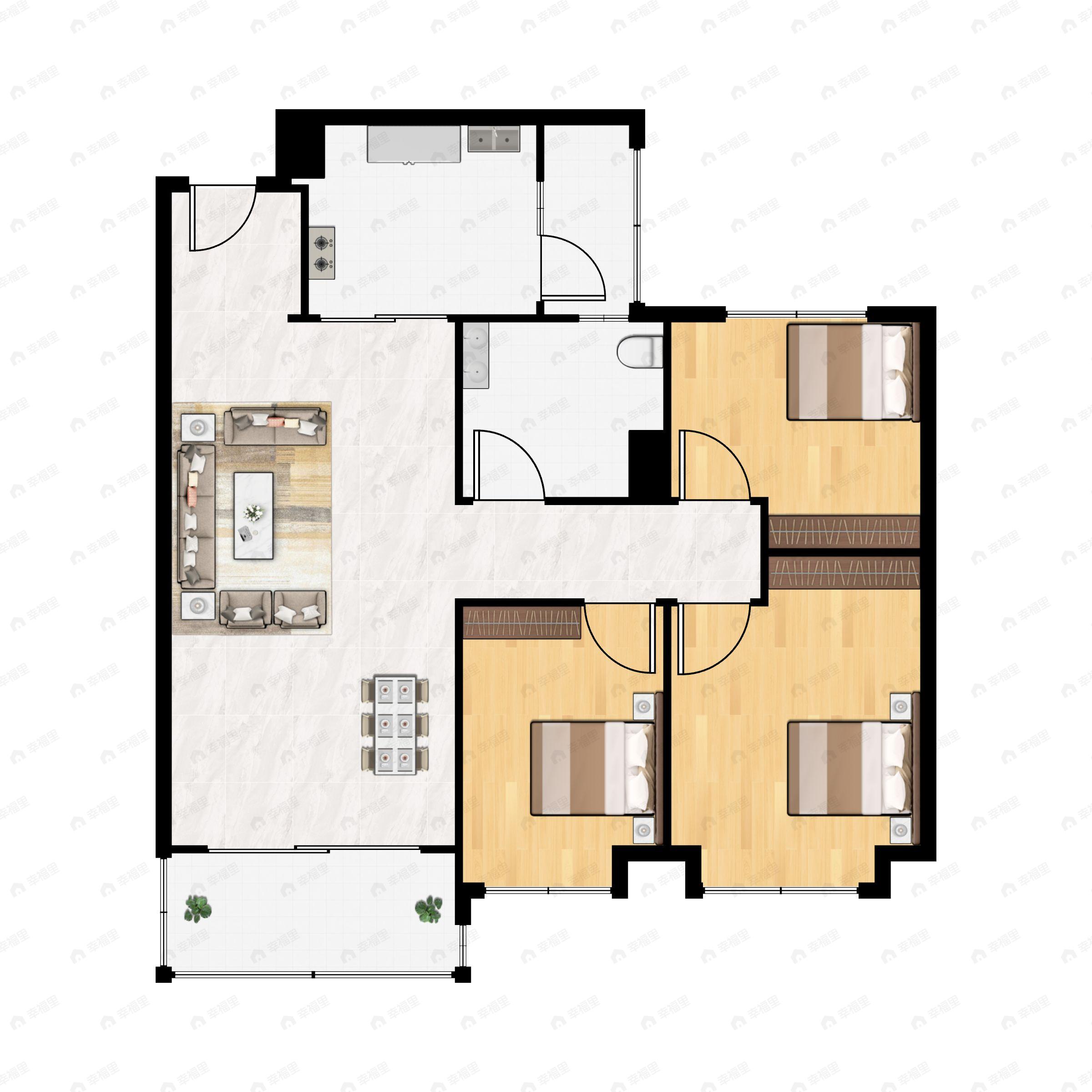 3室2厅1卫建面107m²南户型图