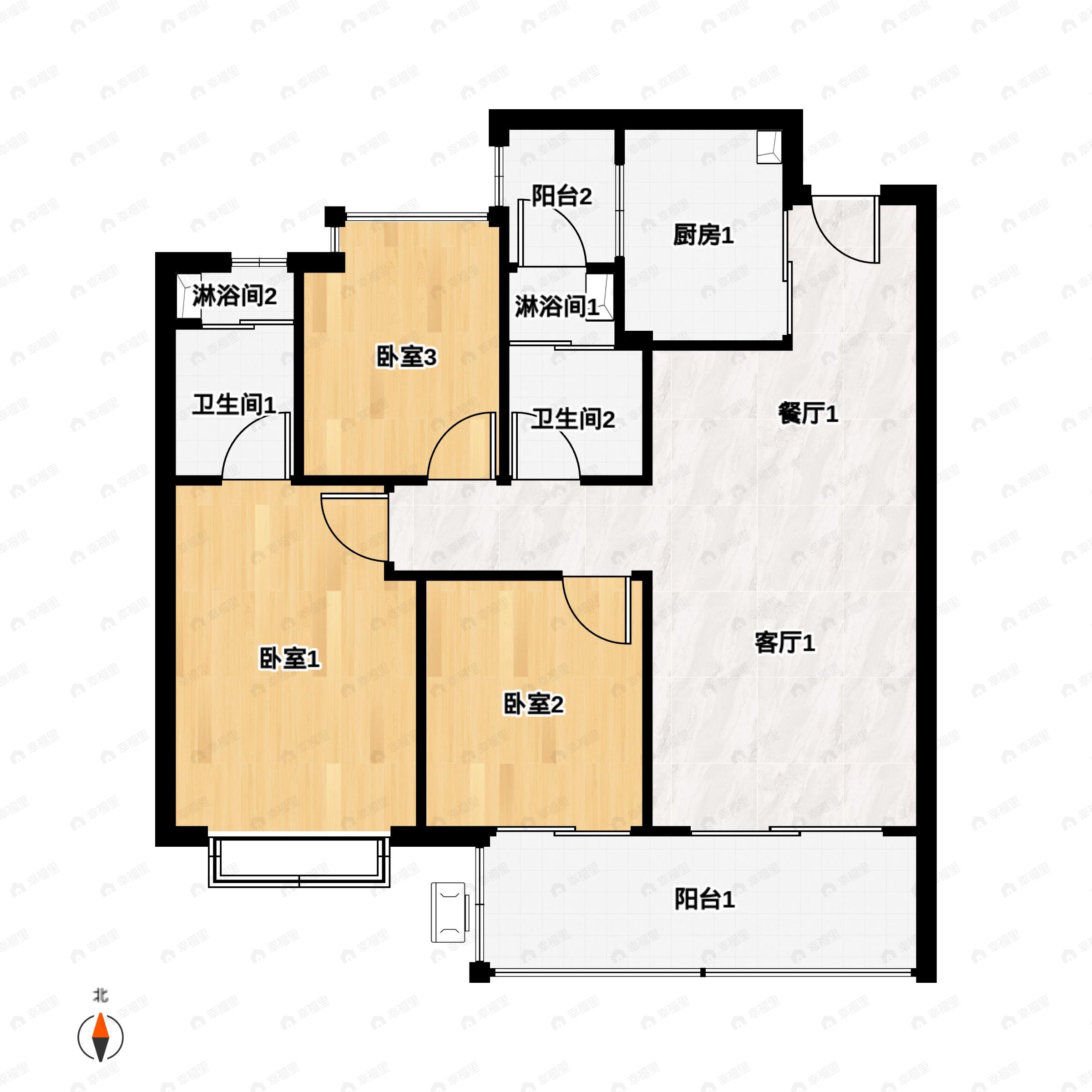 3室2厅2卫建面115平南|北户型图