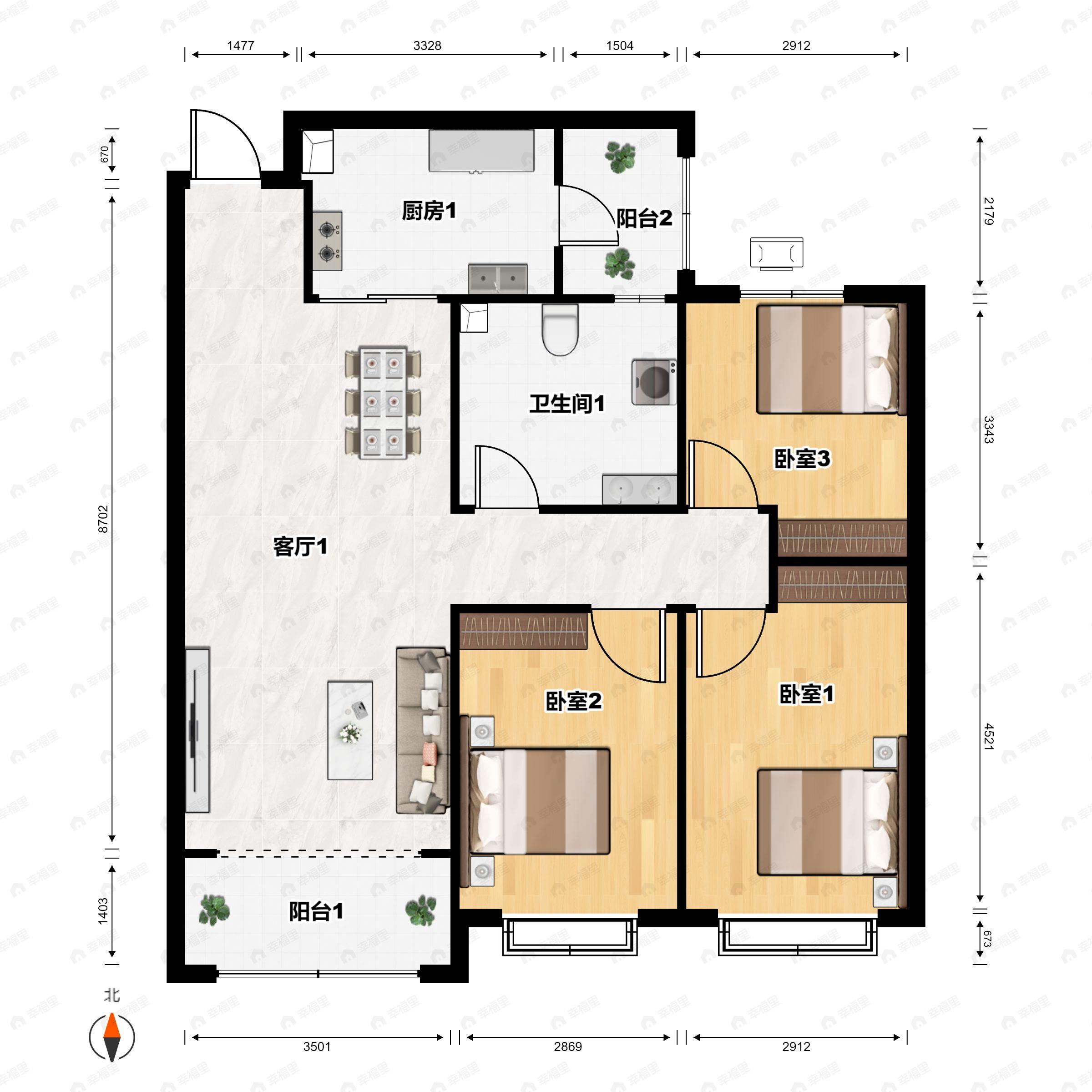 3室2厅1卫建面122平户型图