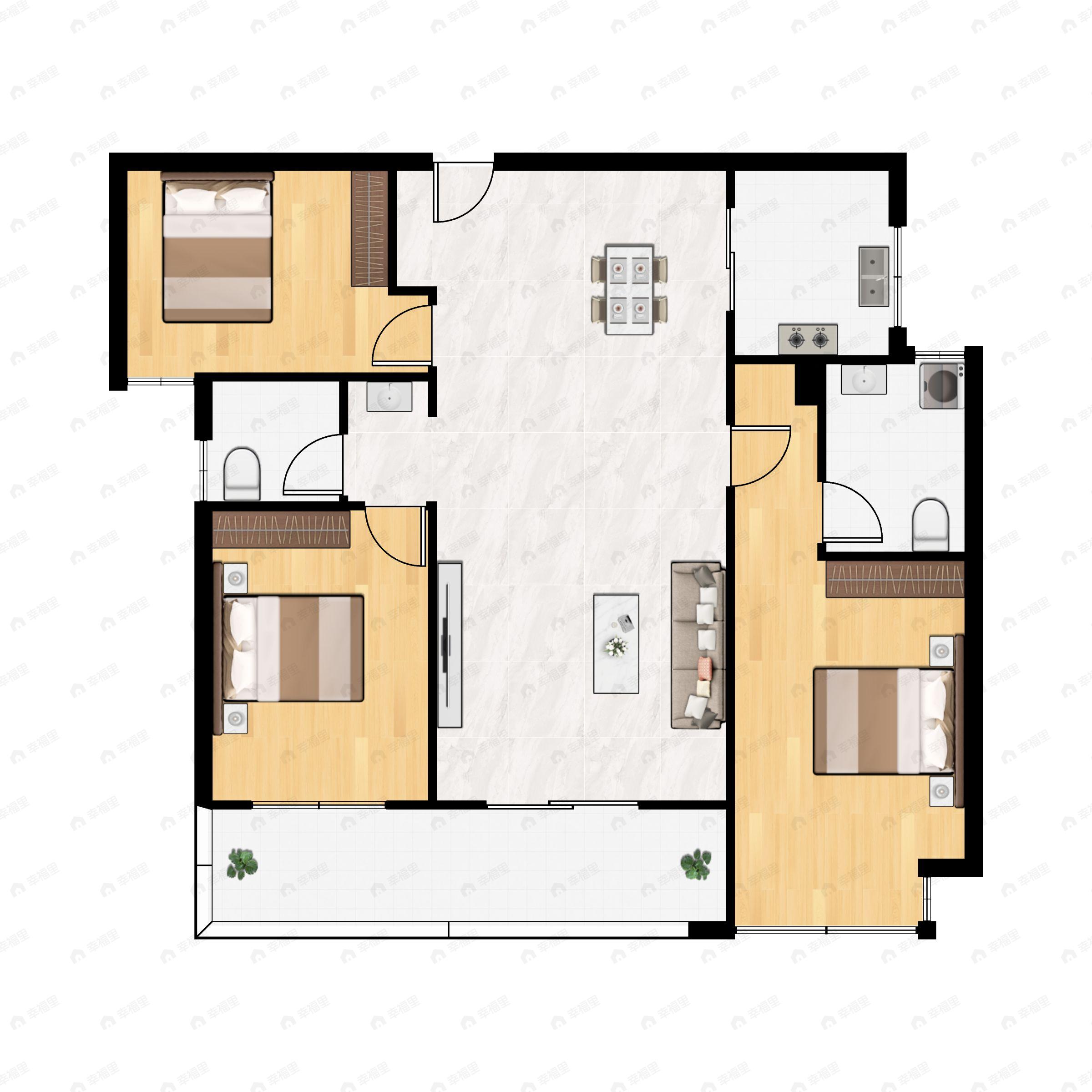 3室2厅2卫建面118m²南户型图