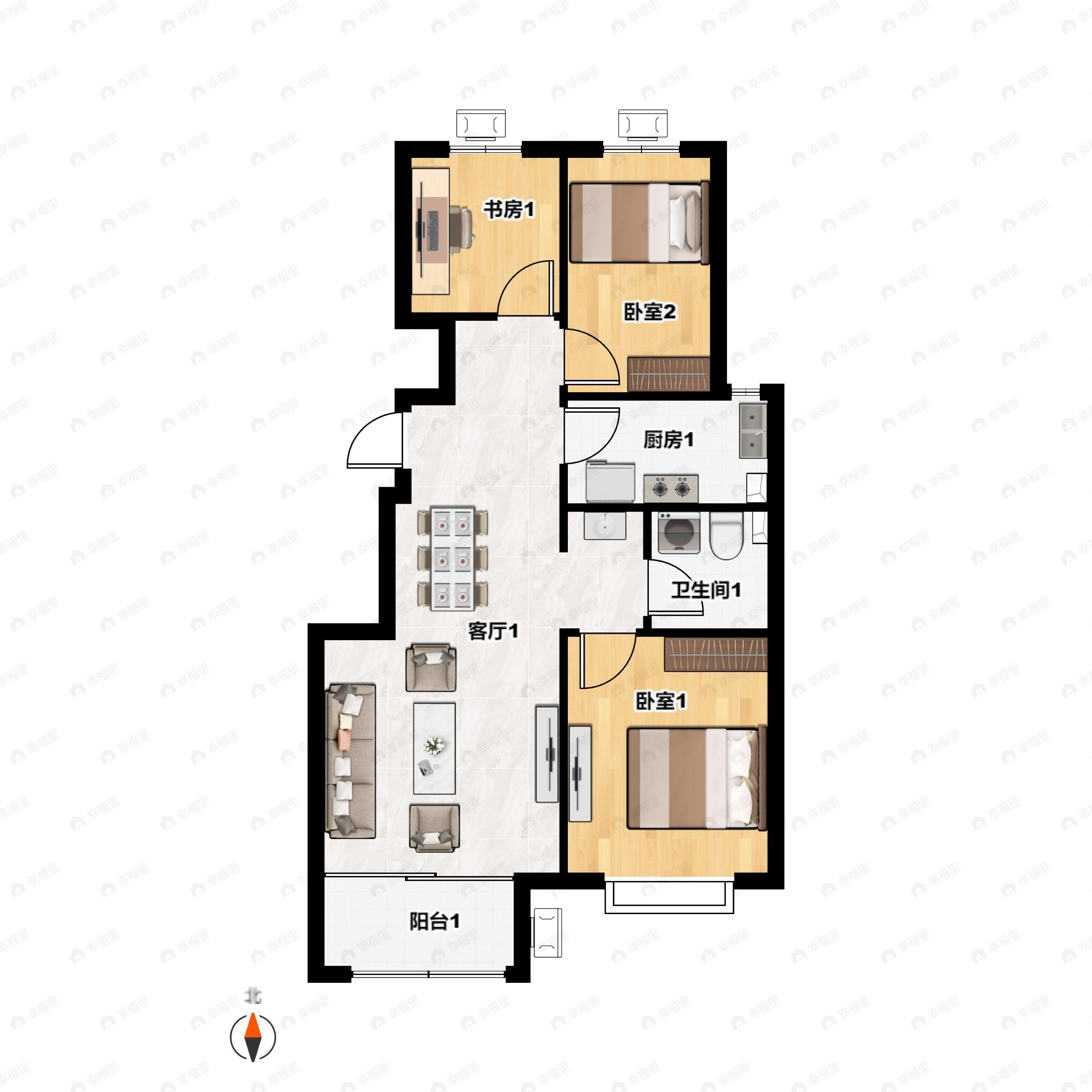 3室2厅1卫建面89平南|北户型图