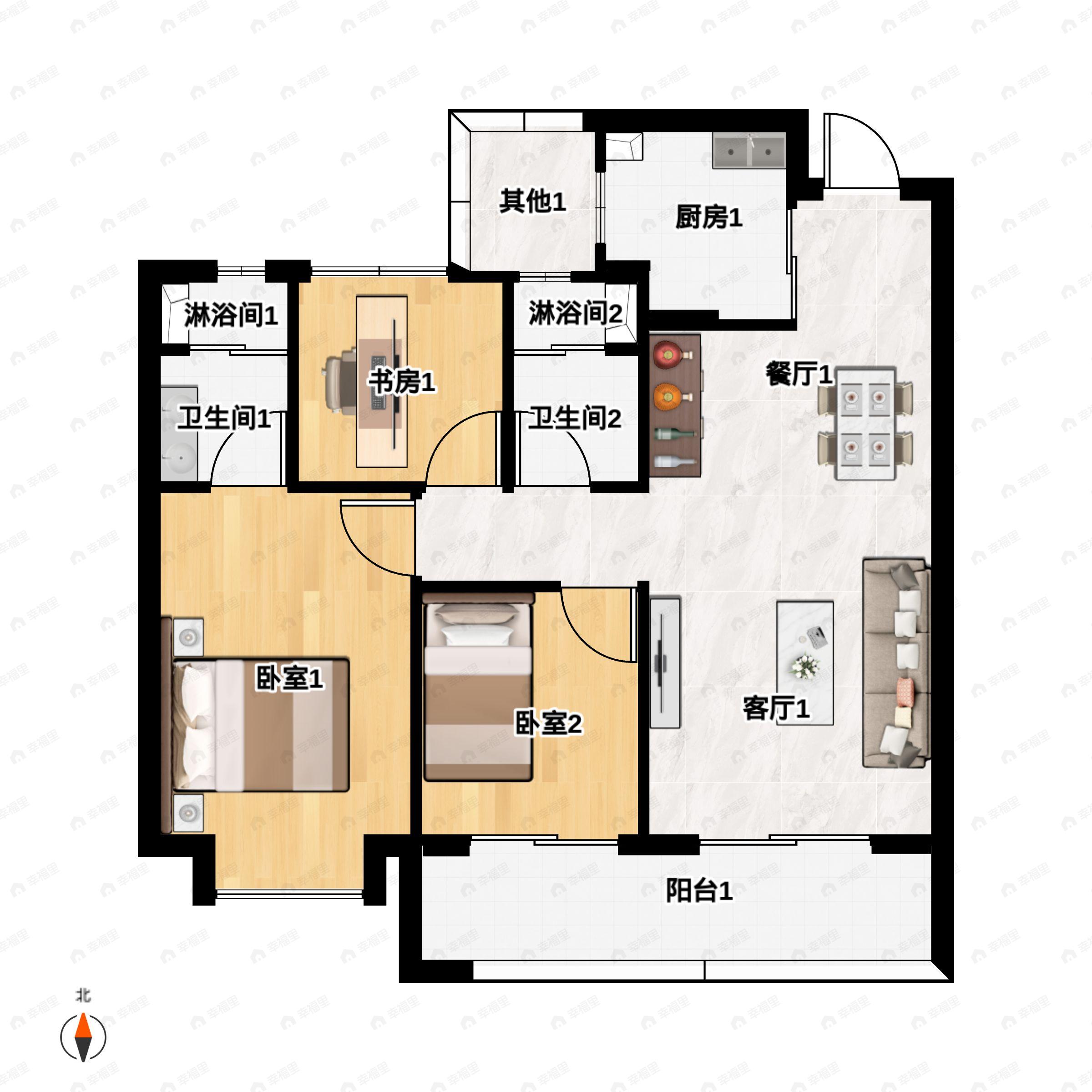 3室2厅2卫建面98m²南户型图