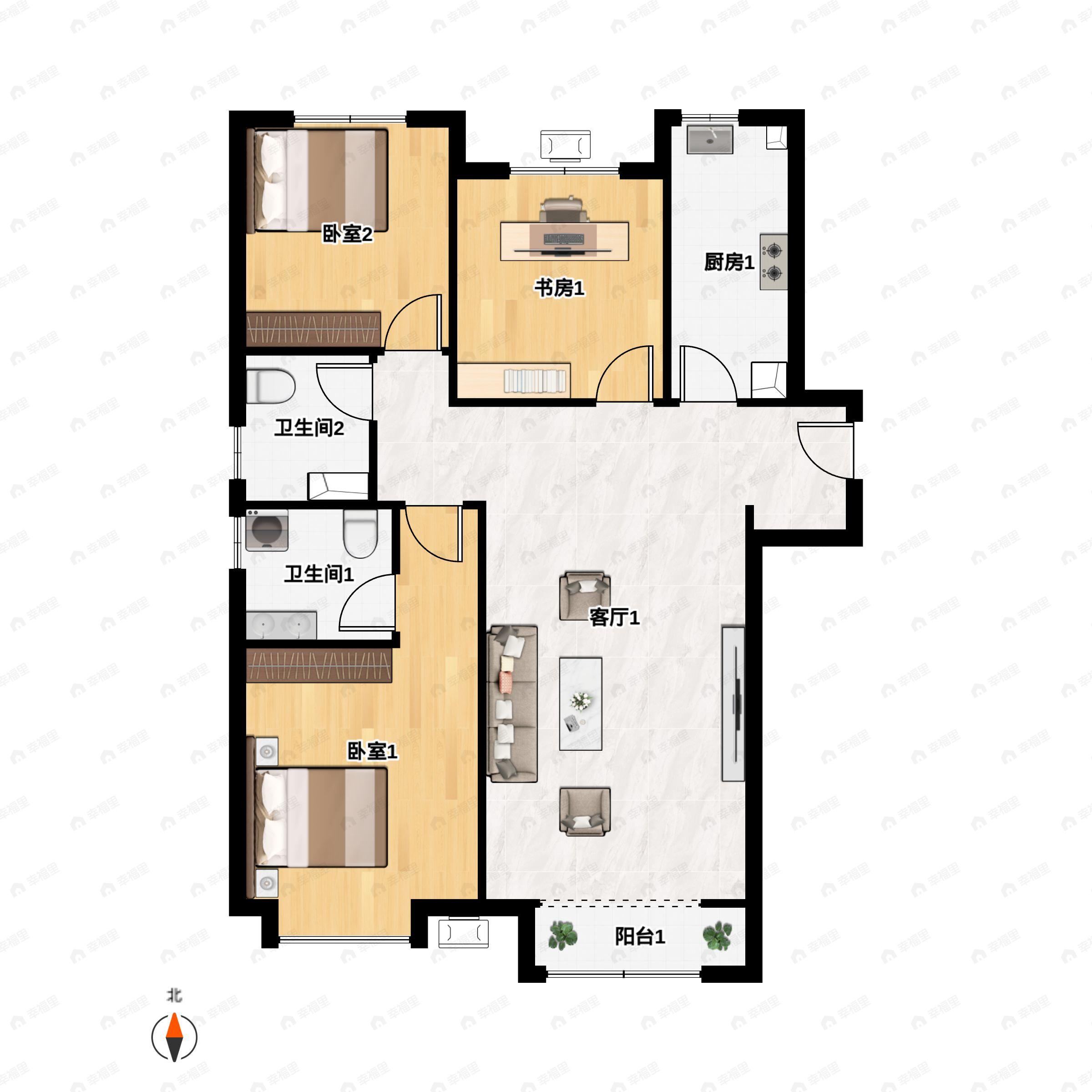 3室2厅2卫建面110m²南|北户型图