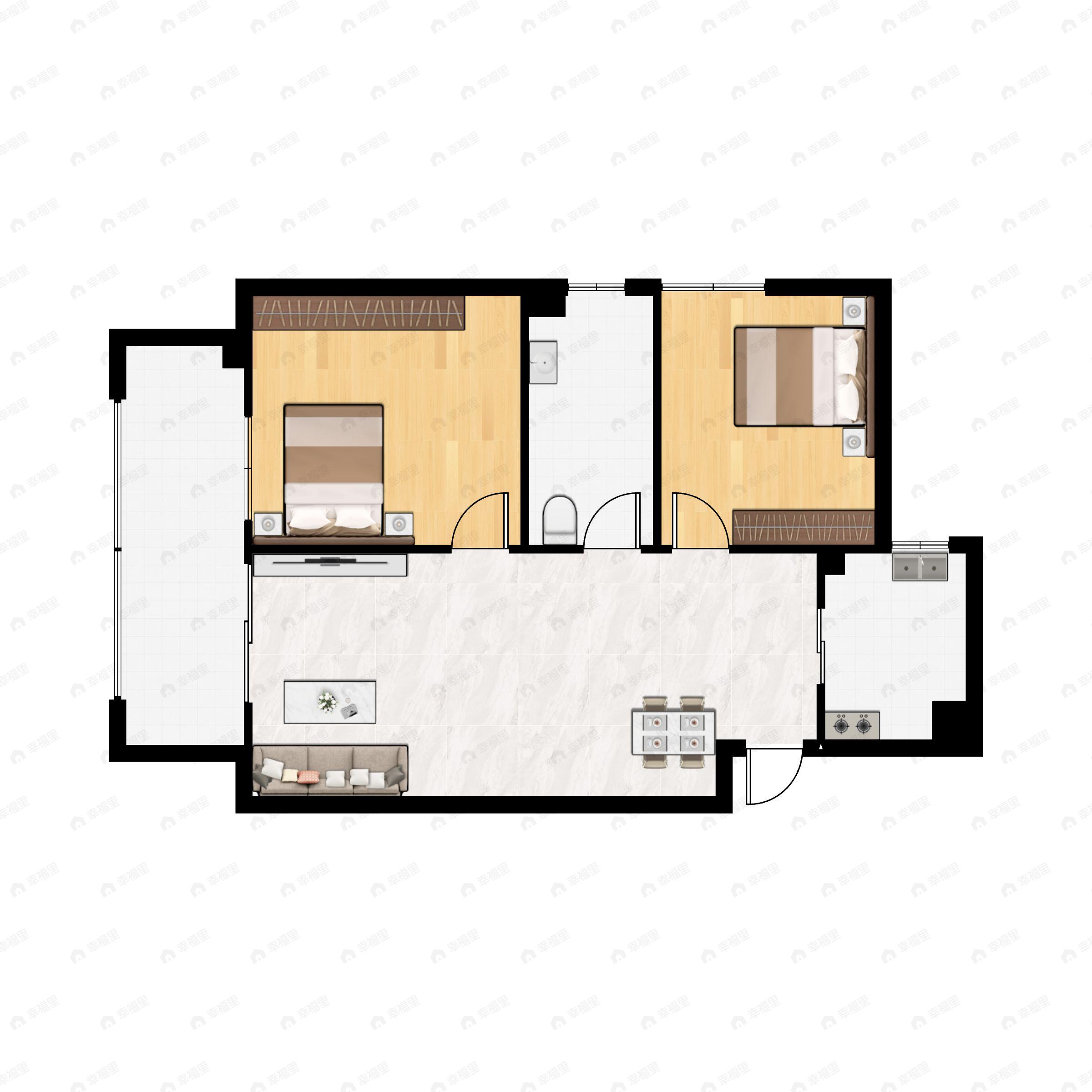 2室2厅1卫建面97m²北|南户型图