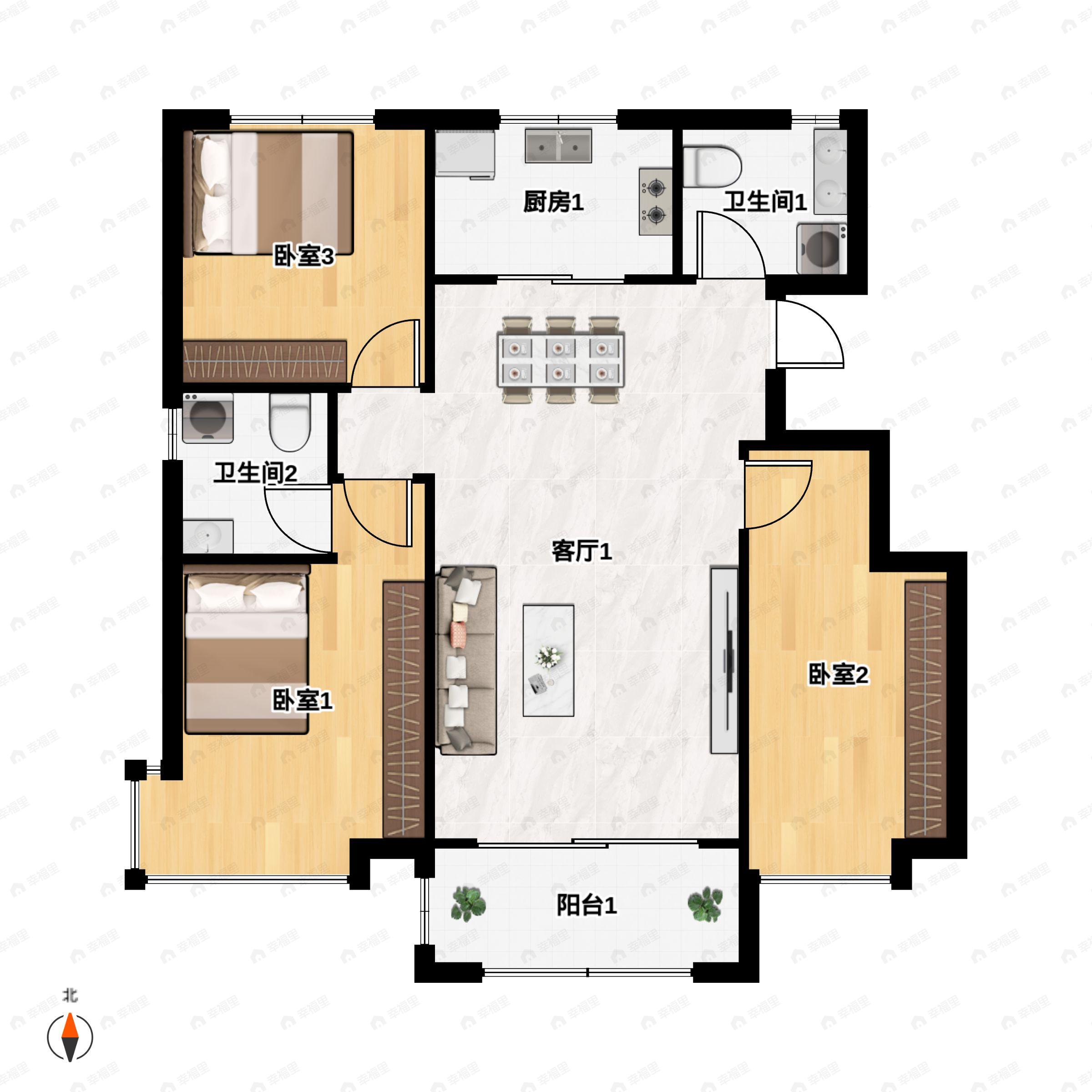 3室2厅2卫建面105平北|南户型图